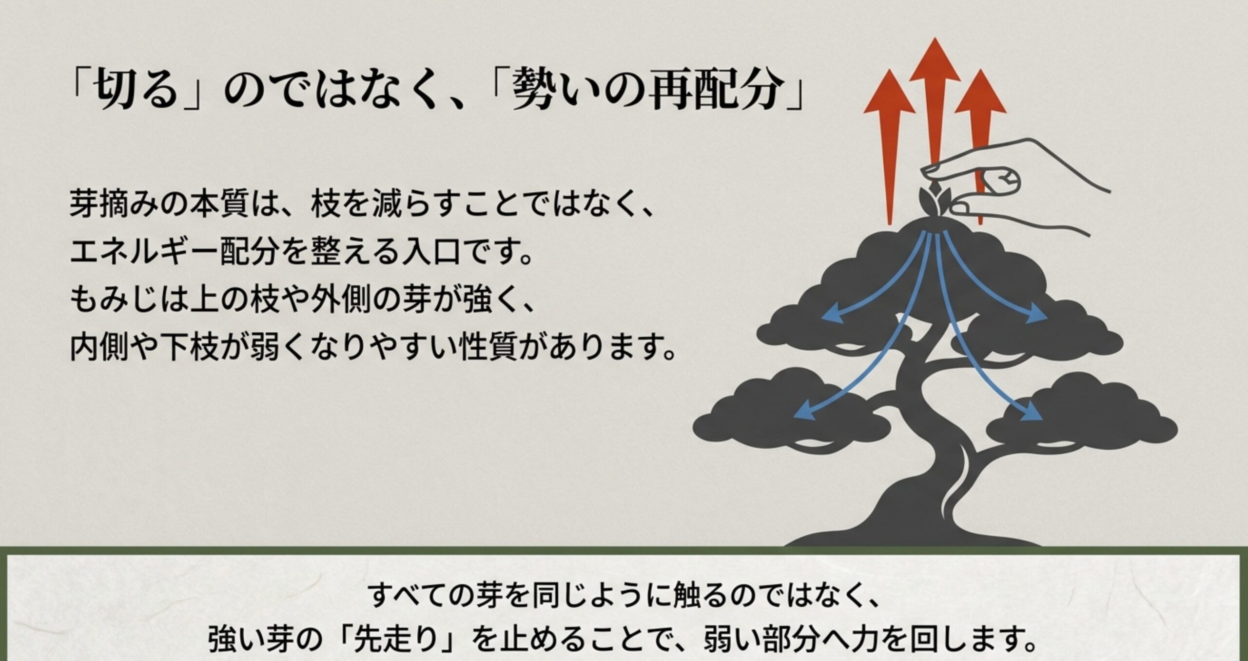 強い部分を抑え、弱い部分に力を回すという文章の解説直後に、図解を見せることで直感的な理解を促します。