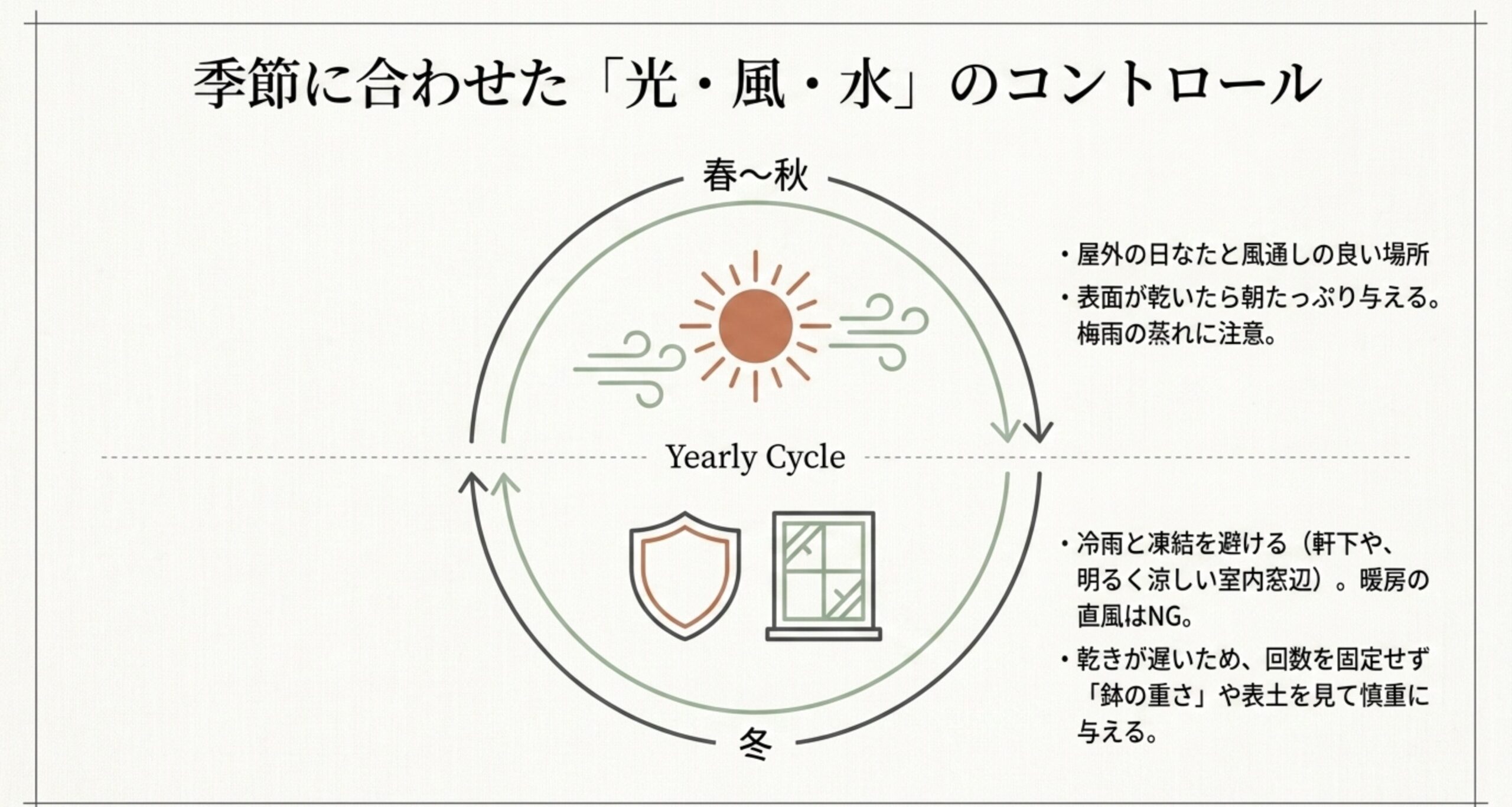 春から秋は屋外の日なた、冬は冷雨と凍結を避けるなど、ローズマリー盆栽の年間を通じた管理ポイントの図。