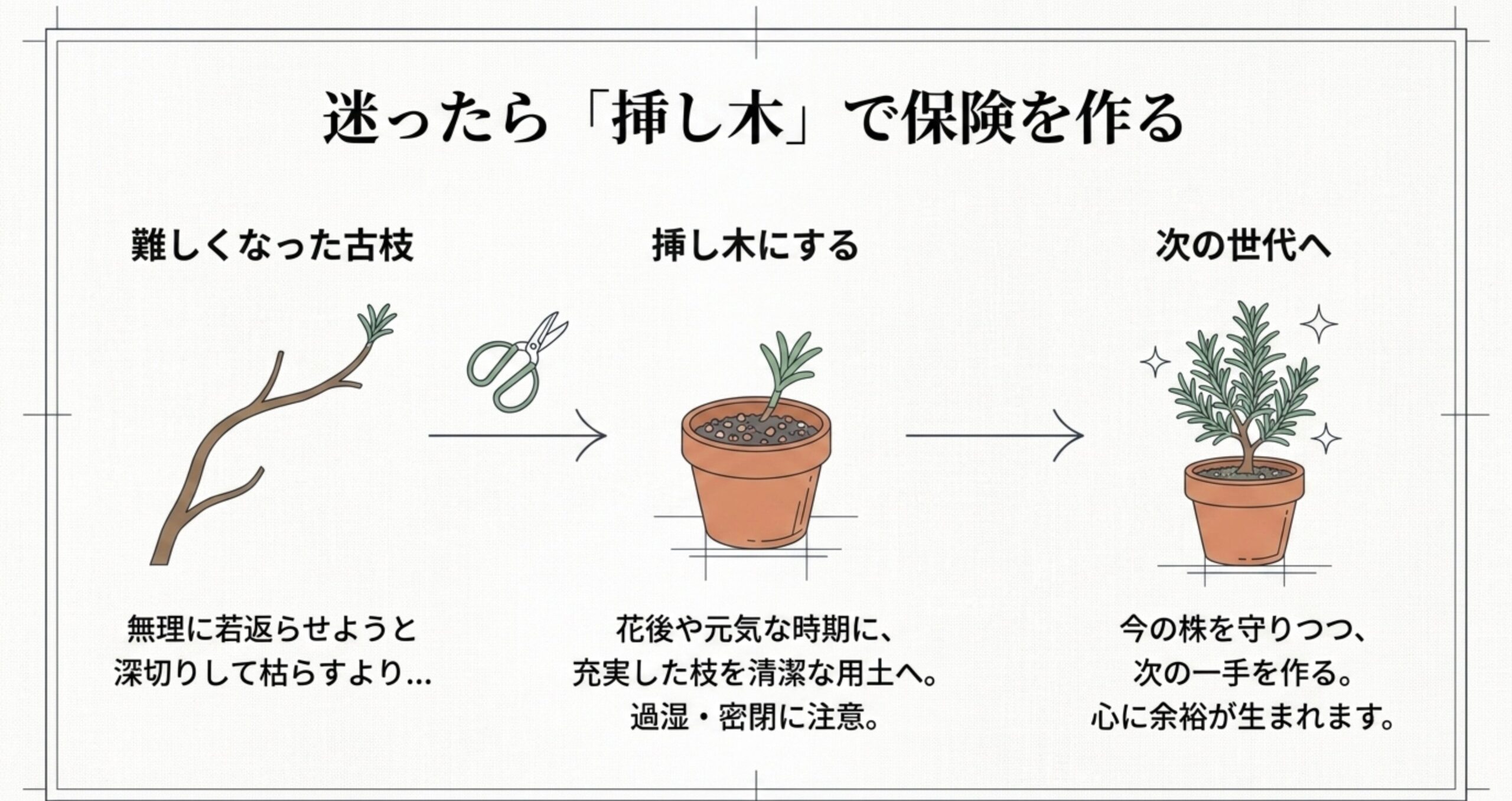 ローズマリーの枝をカットして清潔な用土に挿し木するイラスト。