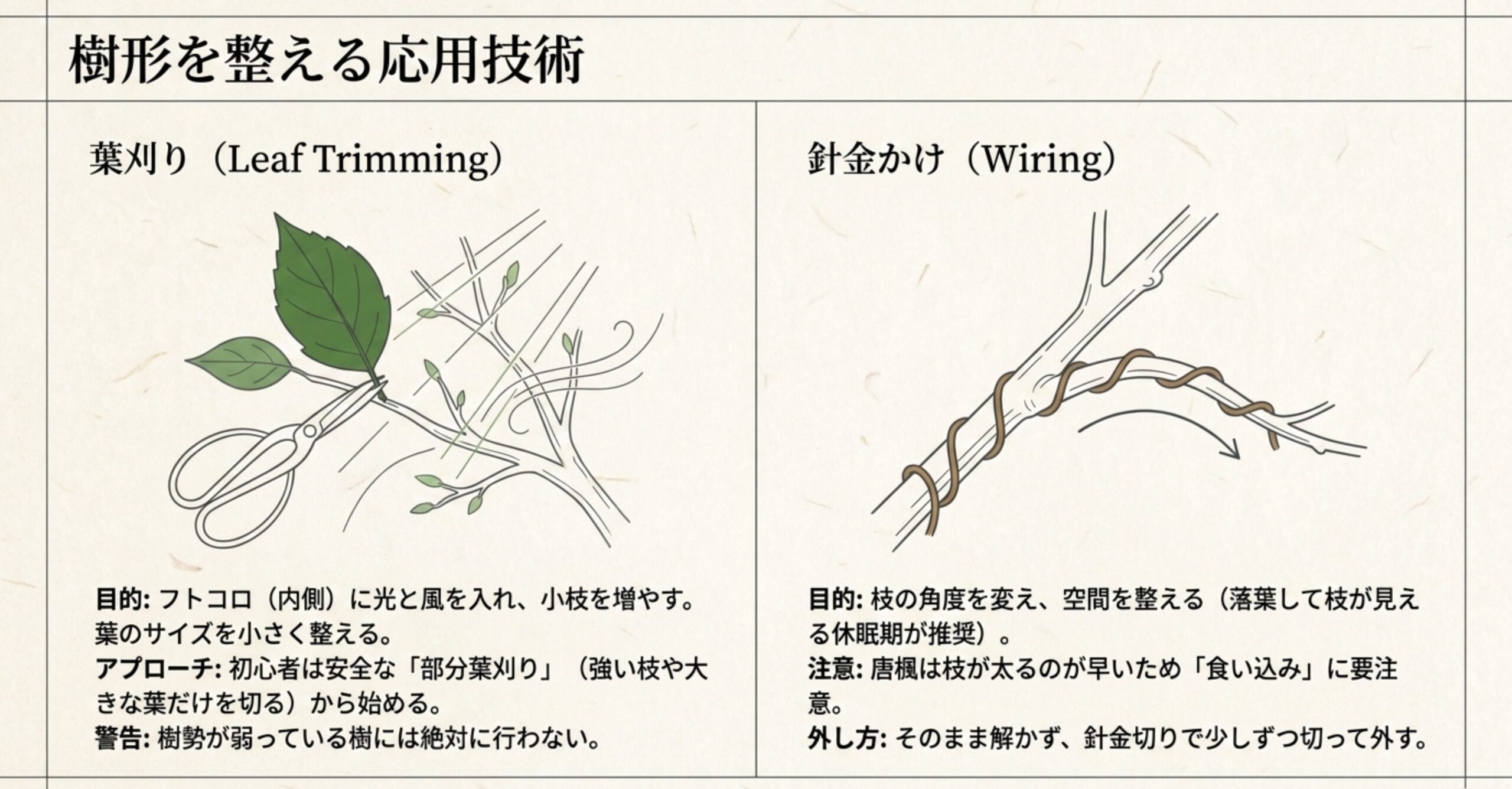 フトコロに光を入れる葉刈りと、枝の角度を整える針金かけの目的、アプローチ、食い込みなどの注意点をイラストと共に解説した図。