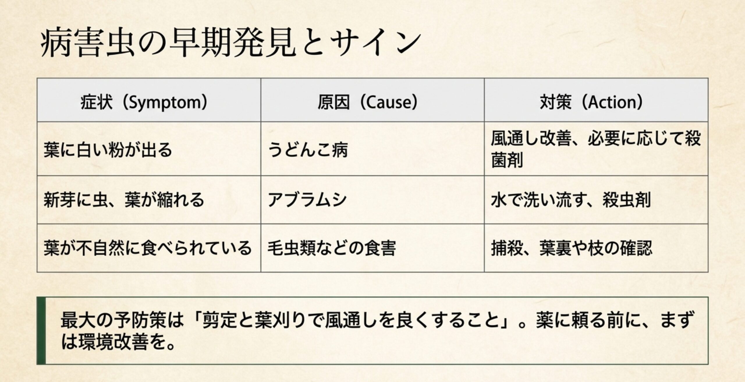 うどんこ病、アブラムシ、毛虫類などの症状、原因、対策をまとめた表と、「最大の予防策は風通しを良くすること」というメッセージ。