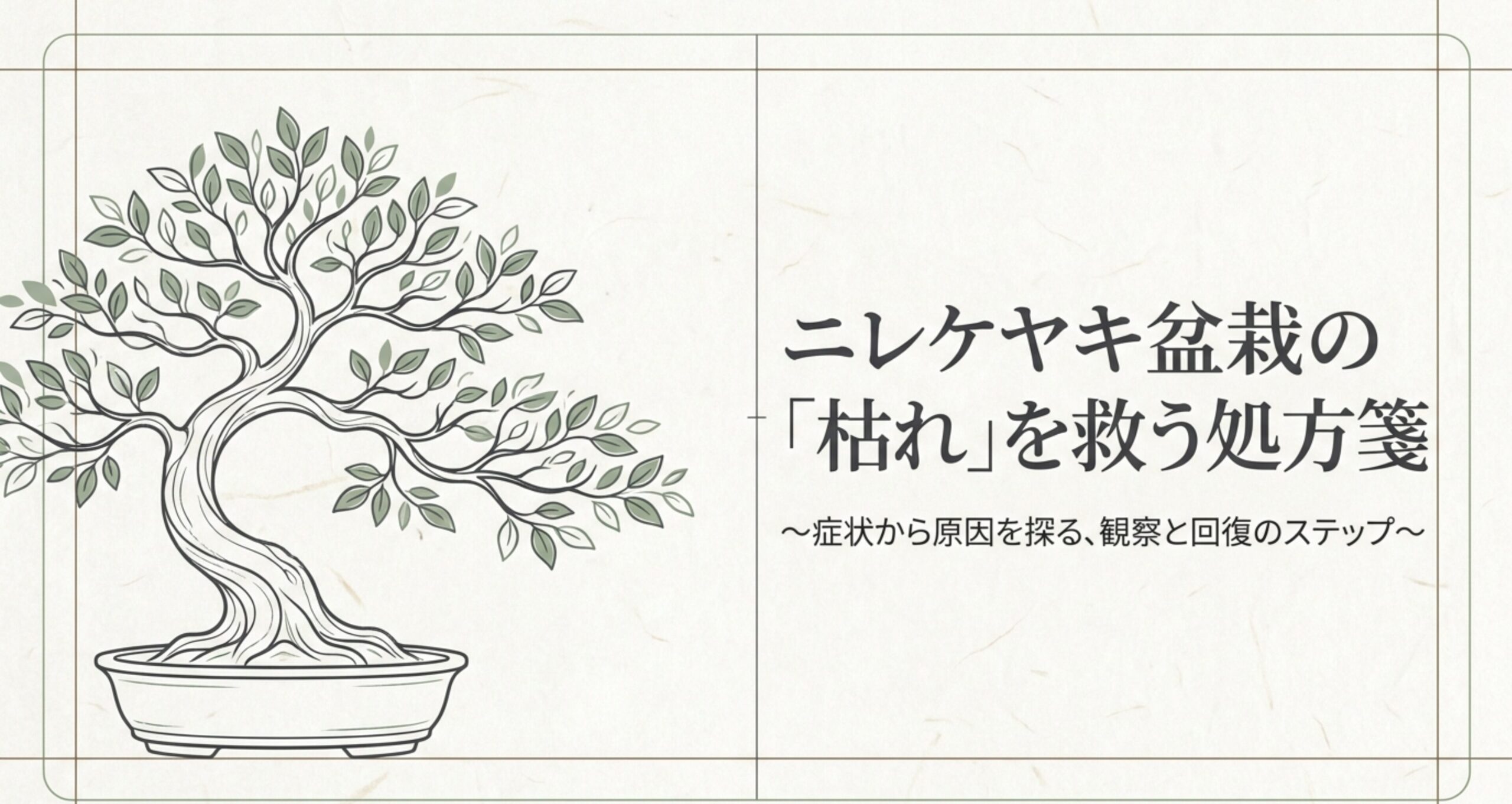 ニレケヤキ盆栽の「枯れ」を救う処方箋、症状から原因を探るステップについて書かれたタイトルスライド