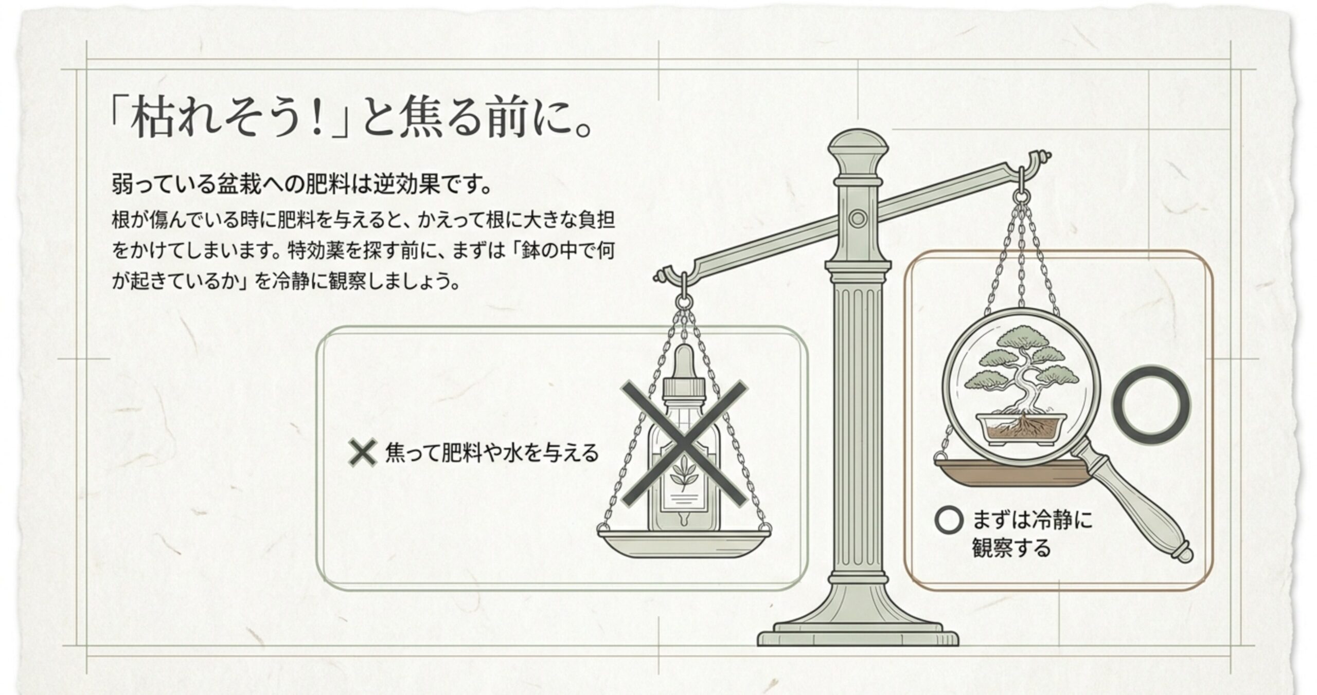 枯れそうと焦る前に冷静に観察することを促し、弱っている盆栽への肥料が逆効果であることを説明する図解