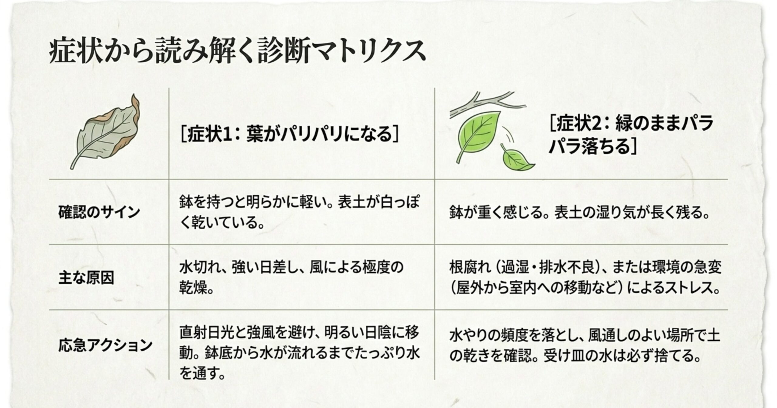 葉がパリパリになる水切れと、緑のまま落ちる根腐れの症状、主な原因、応急アクションを比較したマトリクス表