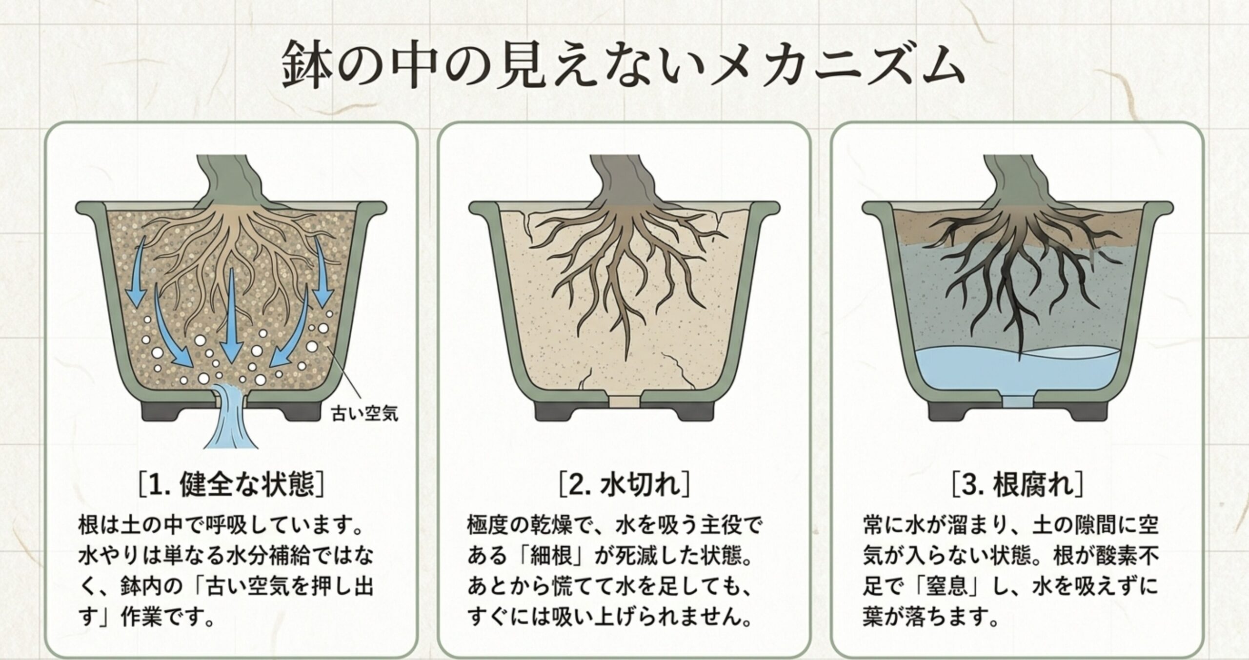 健全な状態、水切れ、根腐れにおける、鉢の中の根と水分、古い空気が押し出されるメカニズムを描いた図