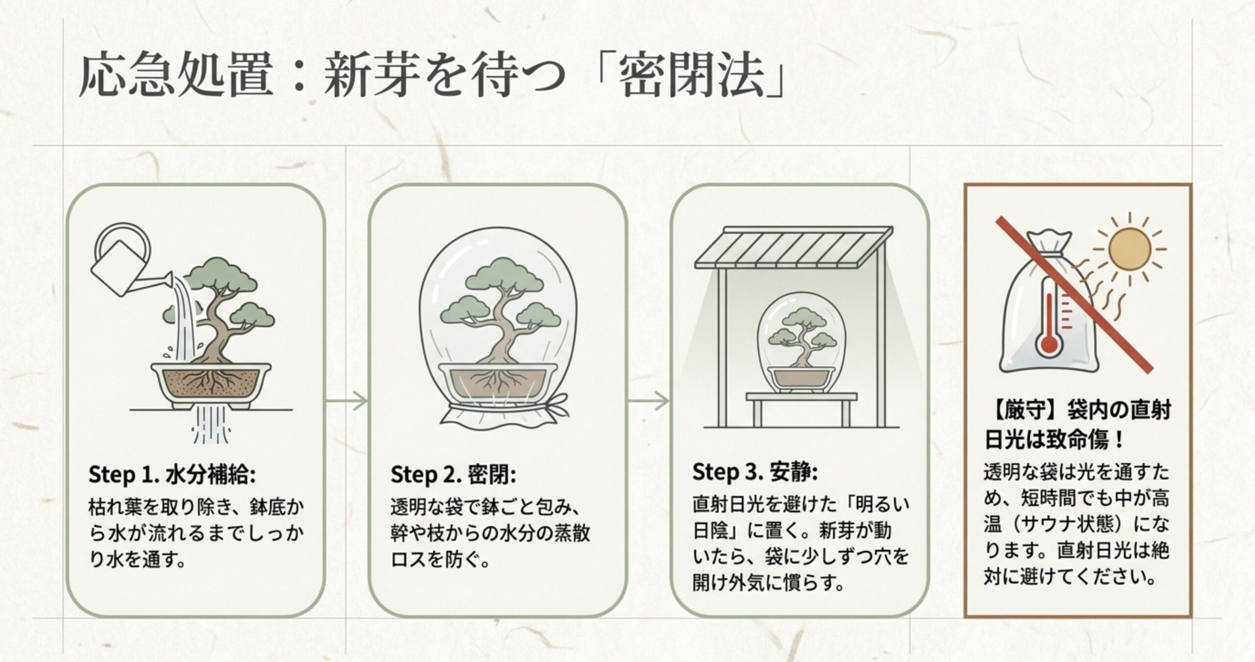 水分補給、密閉、安静という密閉法の3つのステップと、袋内の直射日光厳守という注意点をまとめたスライド