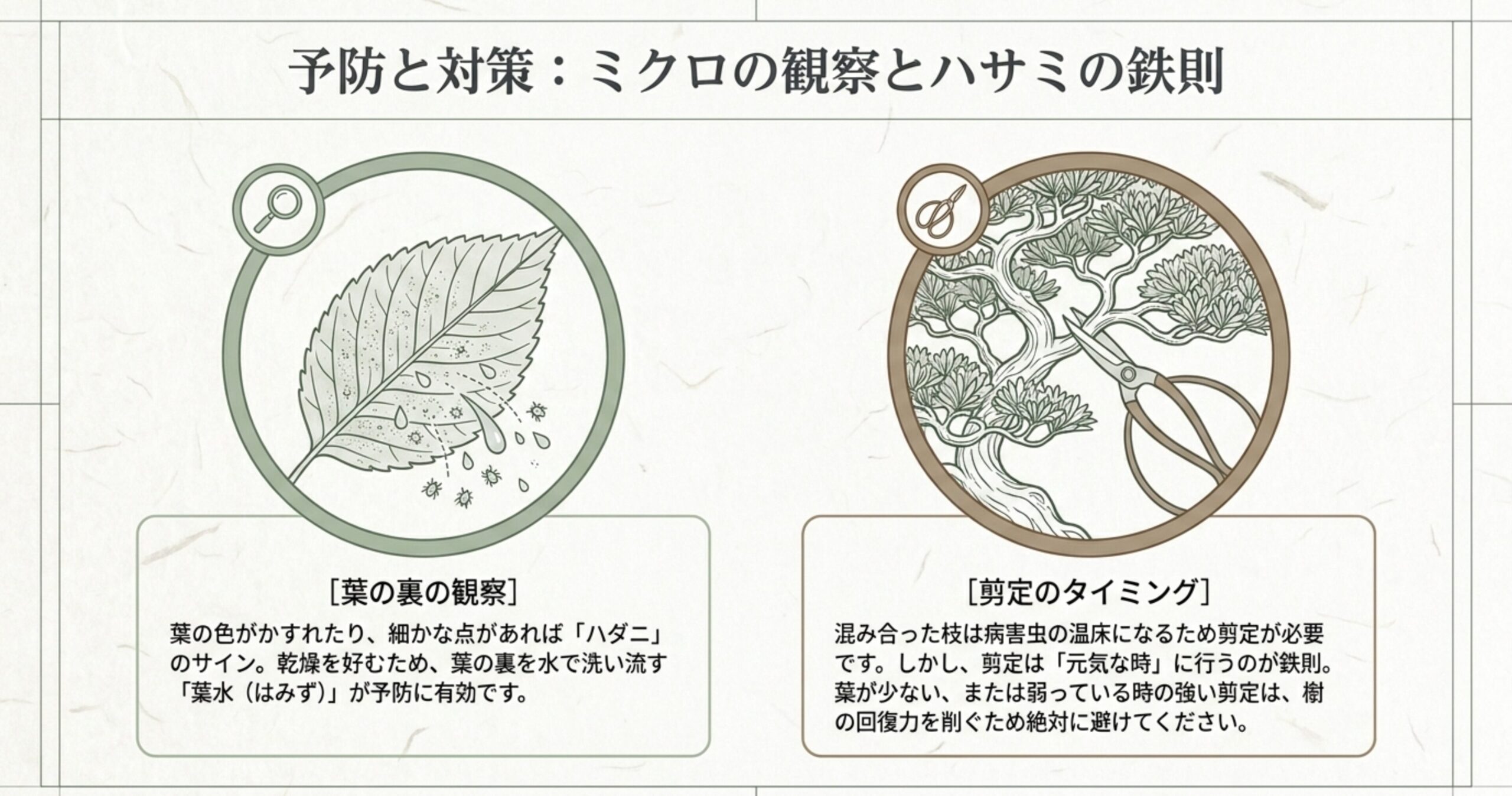 葉の裏のハダニ観察の重要性と、弱っている時の強い剪定は避けるというハサミの鉄則について解説したスライド