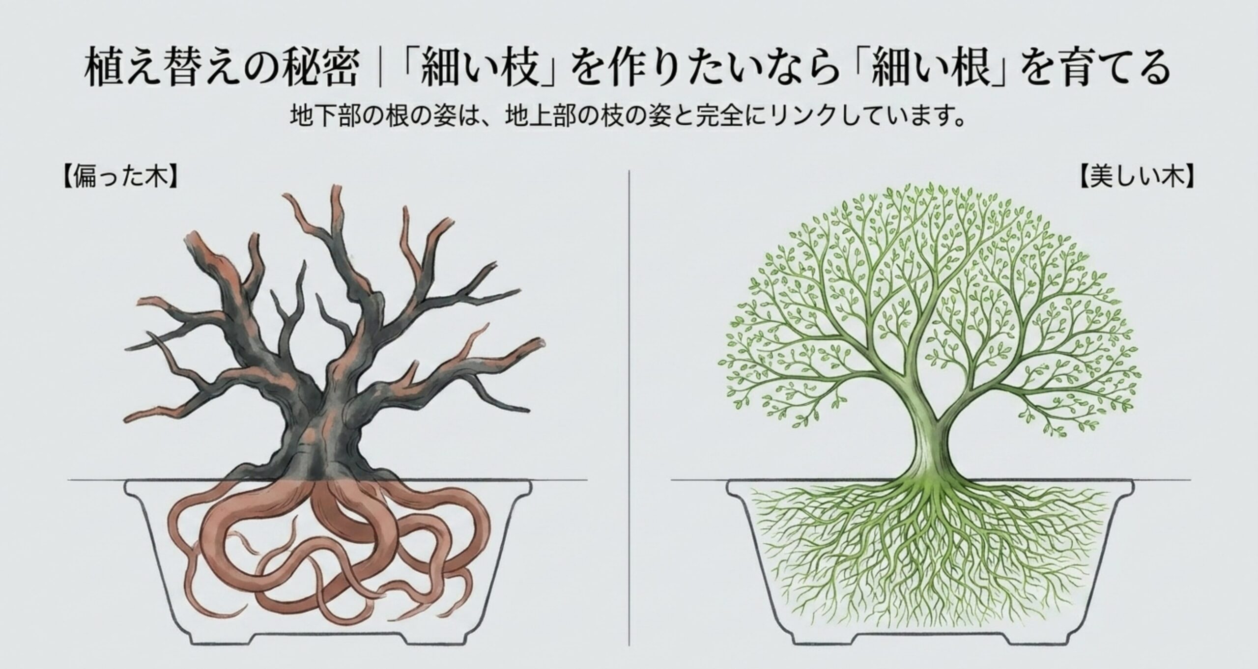 太い走り根が枝の偏りを生み、細かな根が繊細な小枝を育てるメカニズムを示す図解