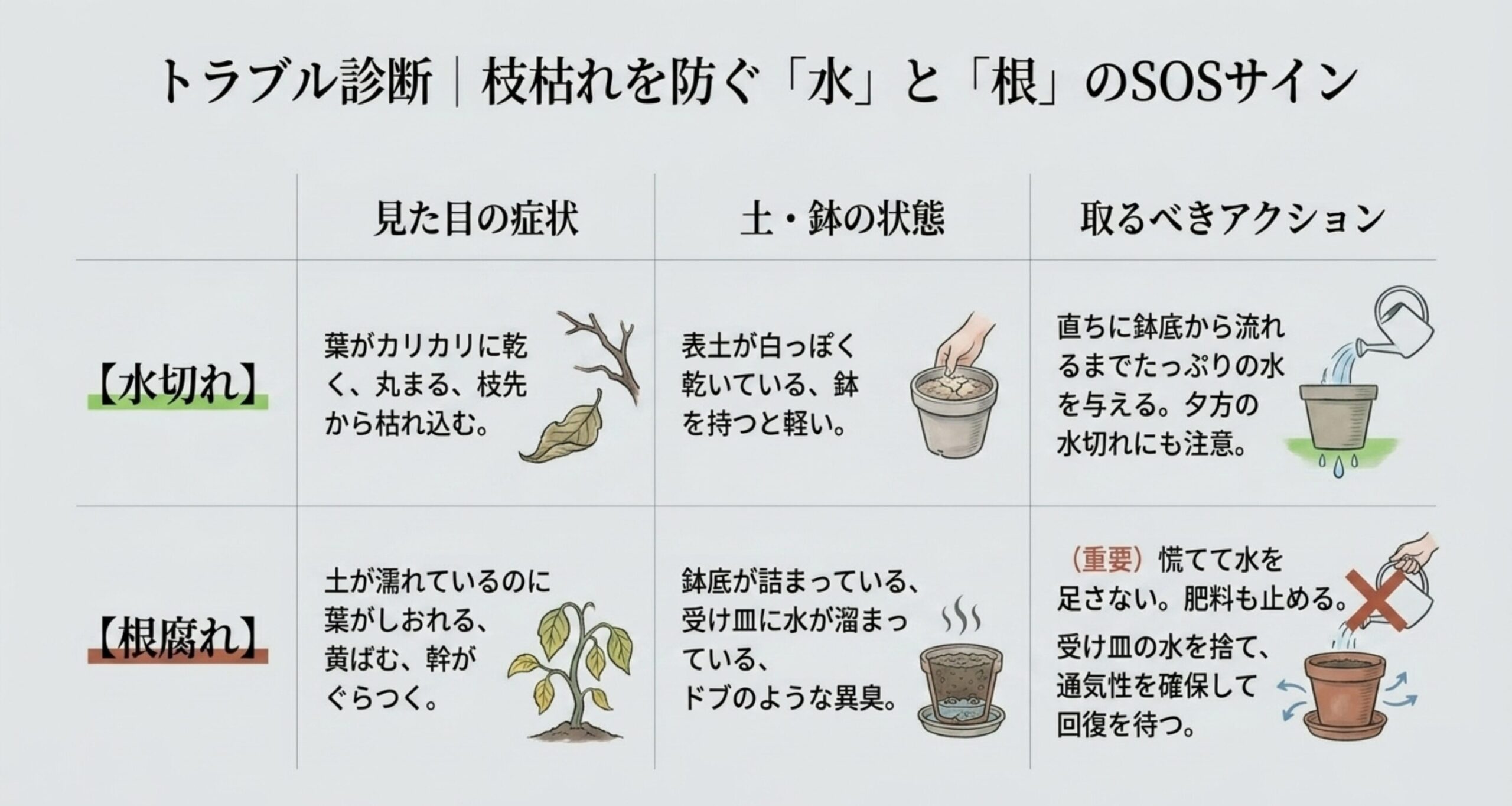 葉の丸まりや土の乾き具合から、水切れと根腐れの違いを見分け、適切な対処法をまとめた表