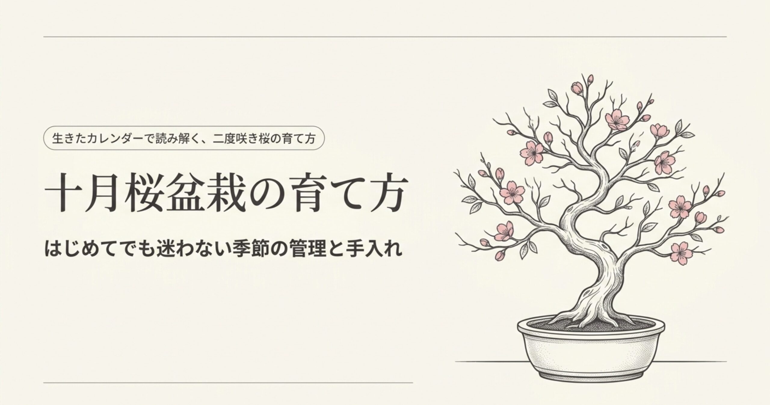 桜の花が咲く盆栽のイラストと十月桜盆栽の育て方のタイトル