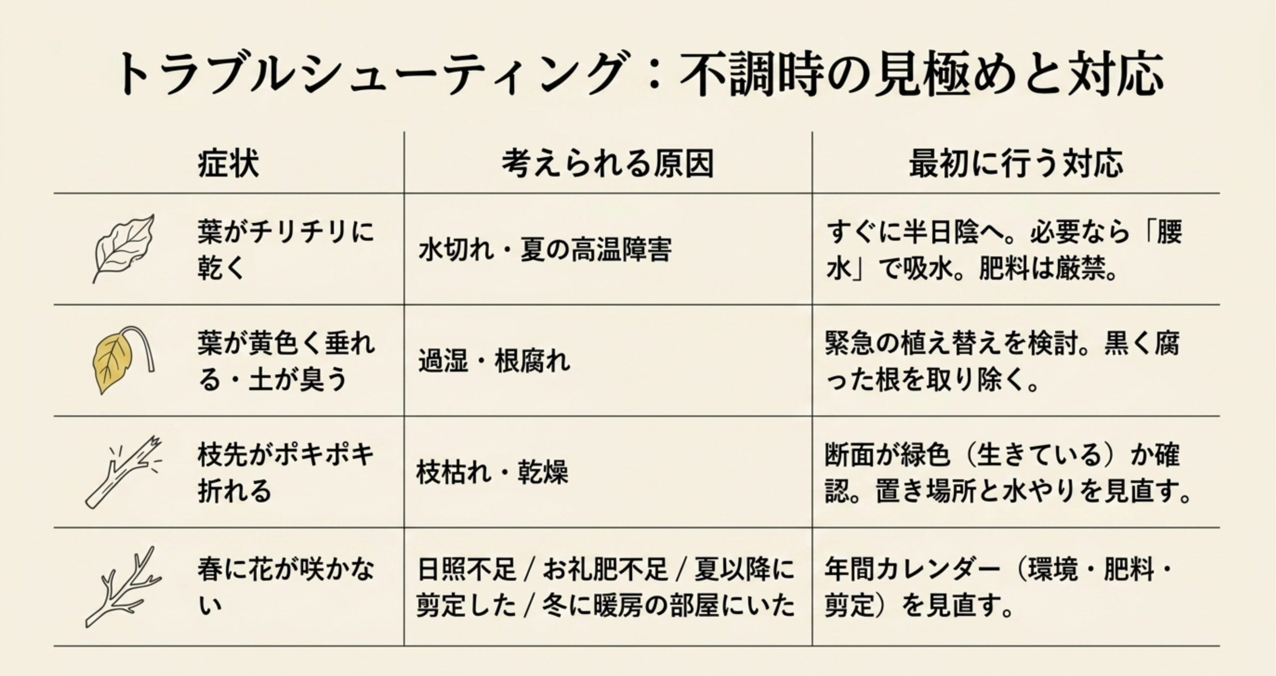 葉がチリチリに乾く、黄色く垂れるなどの不調の症状に対する考えられる原因と最初に行うべき対応のまとめ