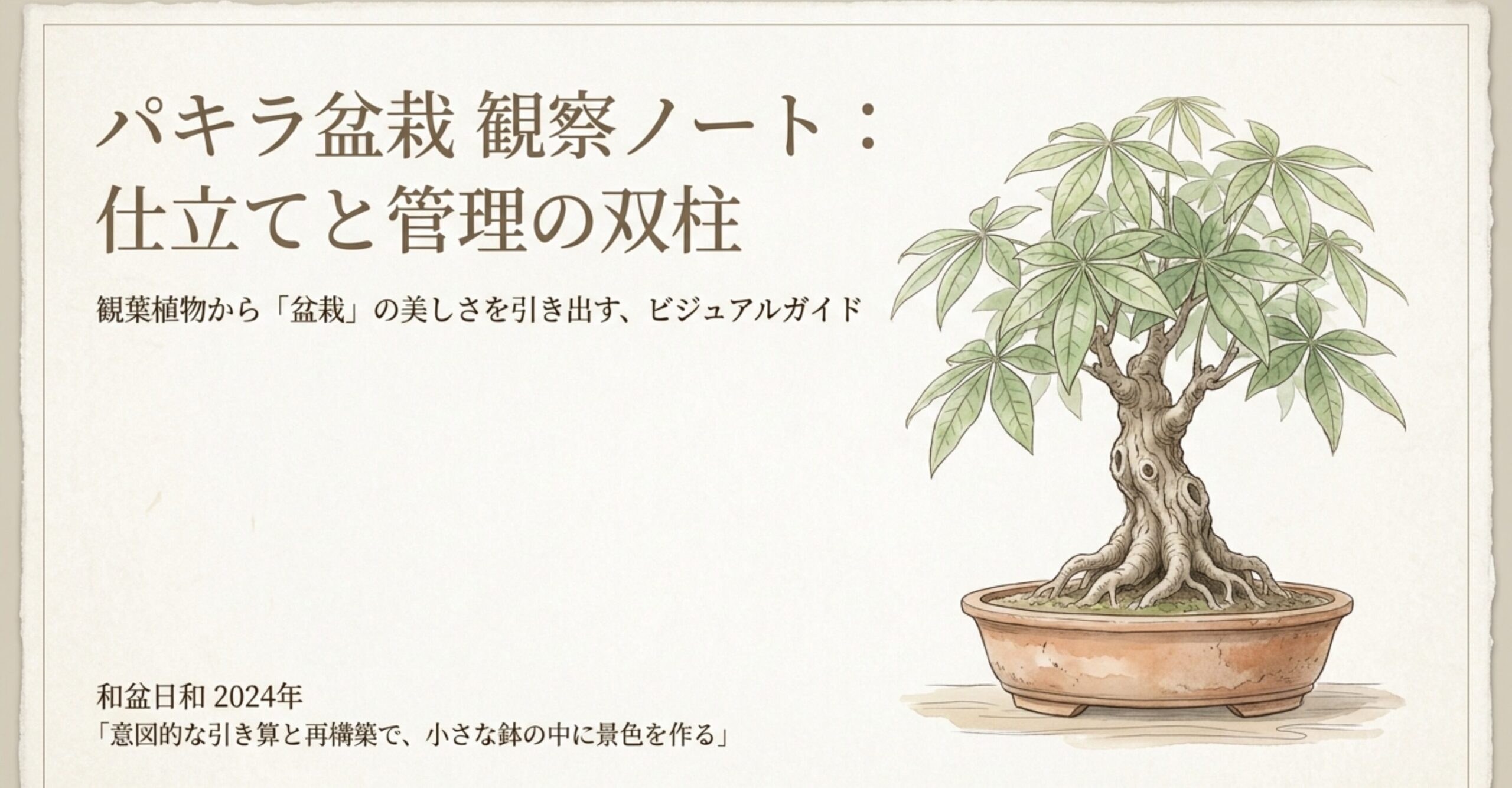 浅鉢に植えられ、根上がりと太い幹、美しい葉の展開が特徴的なパキラ盆栽のイラスト