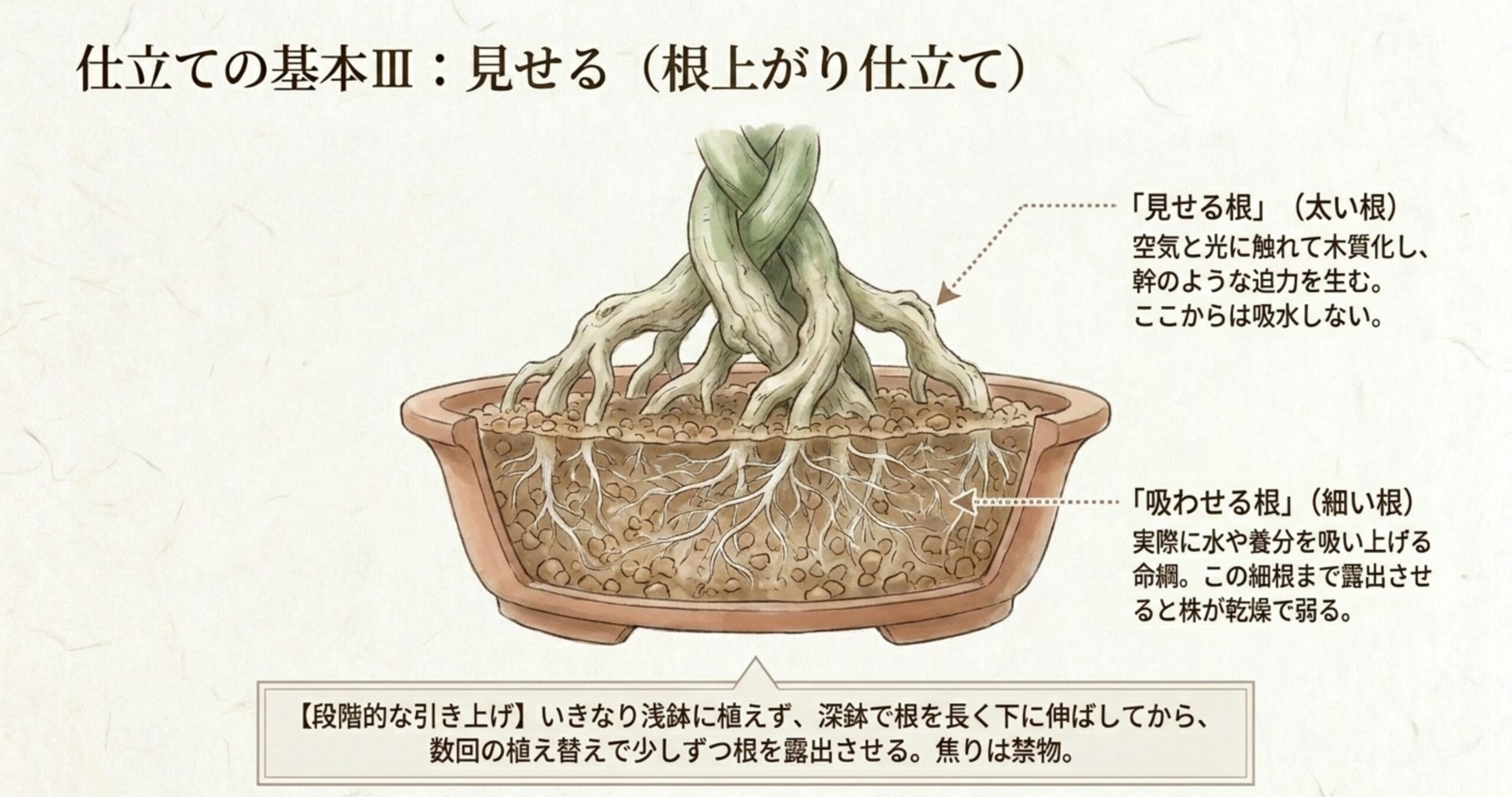 盆栽鉢の中で露出して木質化した「見せる太い根」と、土中に張って吸水する「細い根」の構造を示す断面図