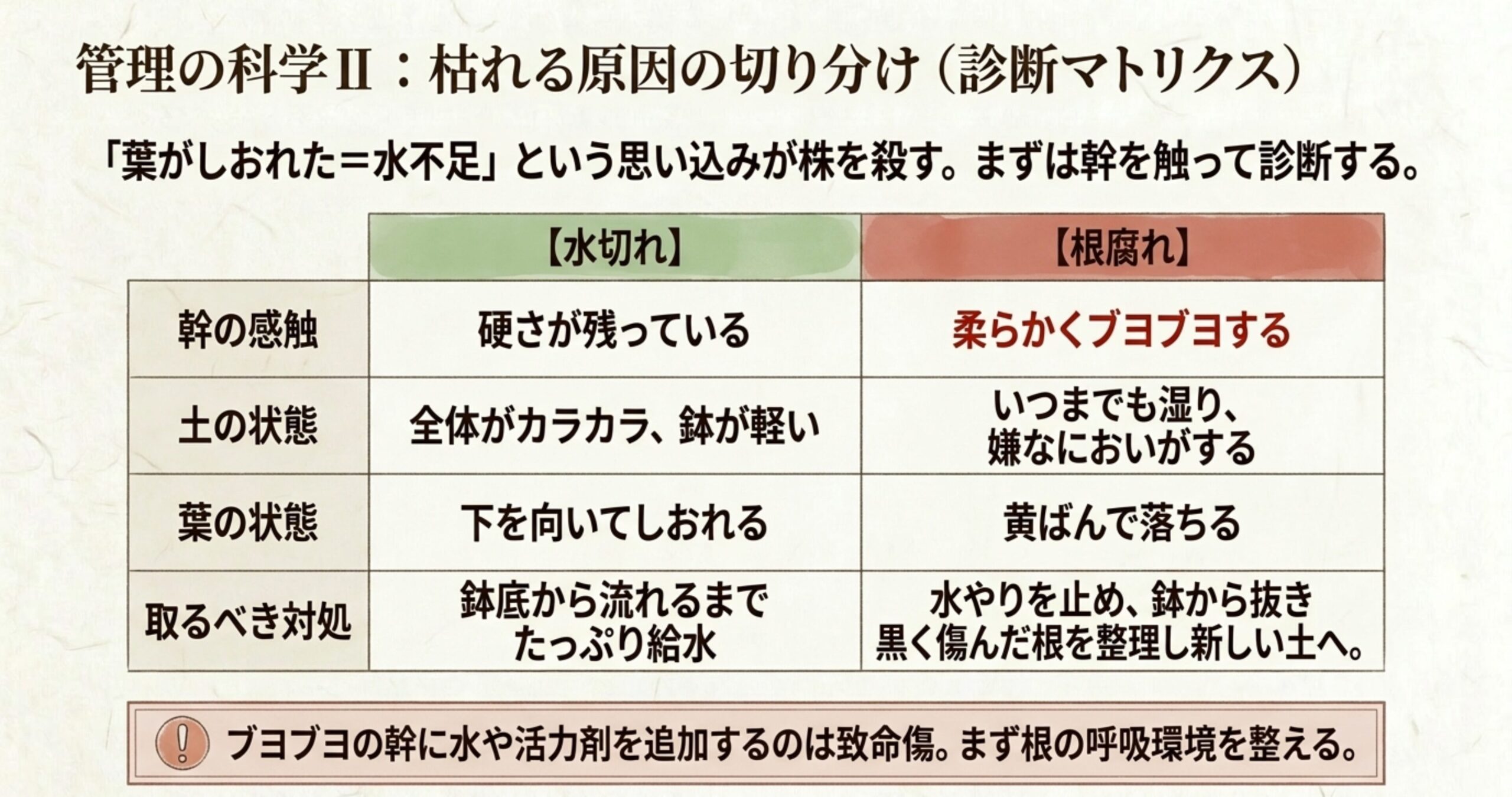 水切れと根腐れにおける幹の感触、土の状態、葉の状態、およびそれぞれの取るべき対処法を比較した診断マトリクス表