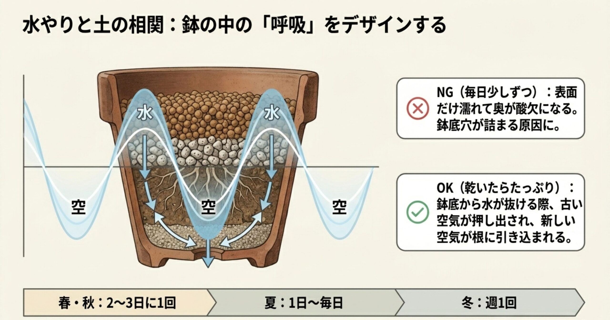 乾いた土にたっぷりと水を与えることで、鉢底から古い空気が押し出され、新しい空気が根に引き込まれる仕組みを説明した断面図