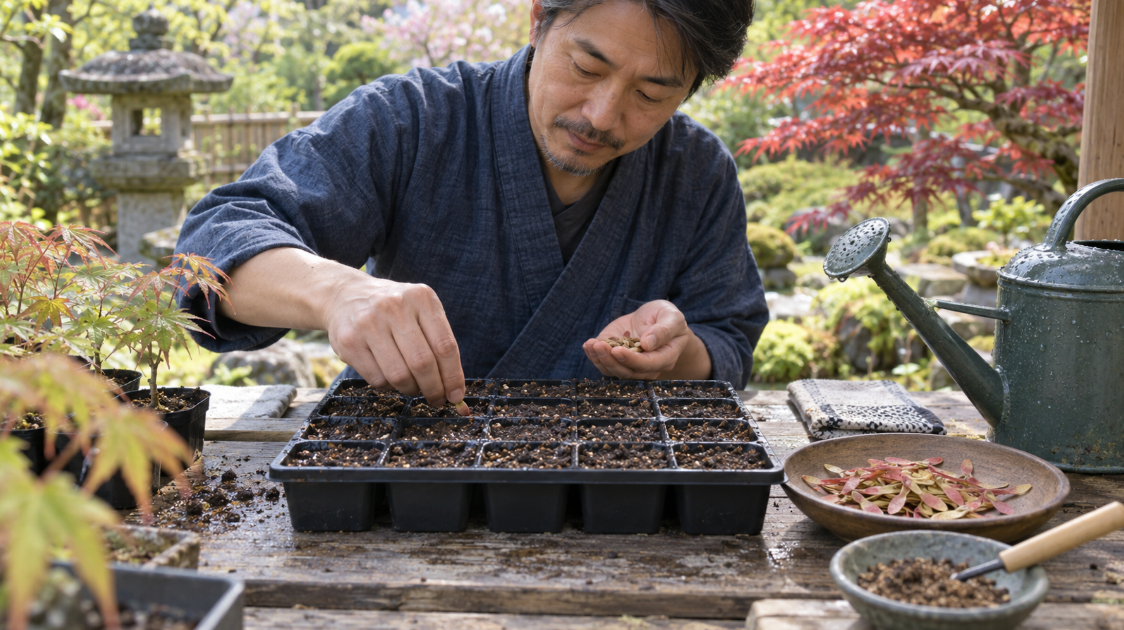 育苗トレーにもみじの種をまく春の種まき作業