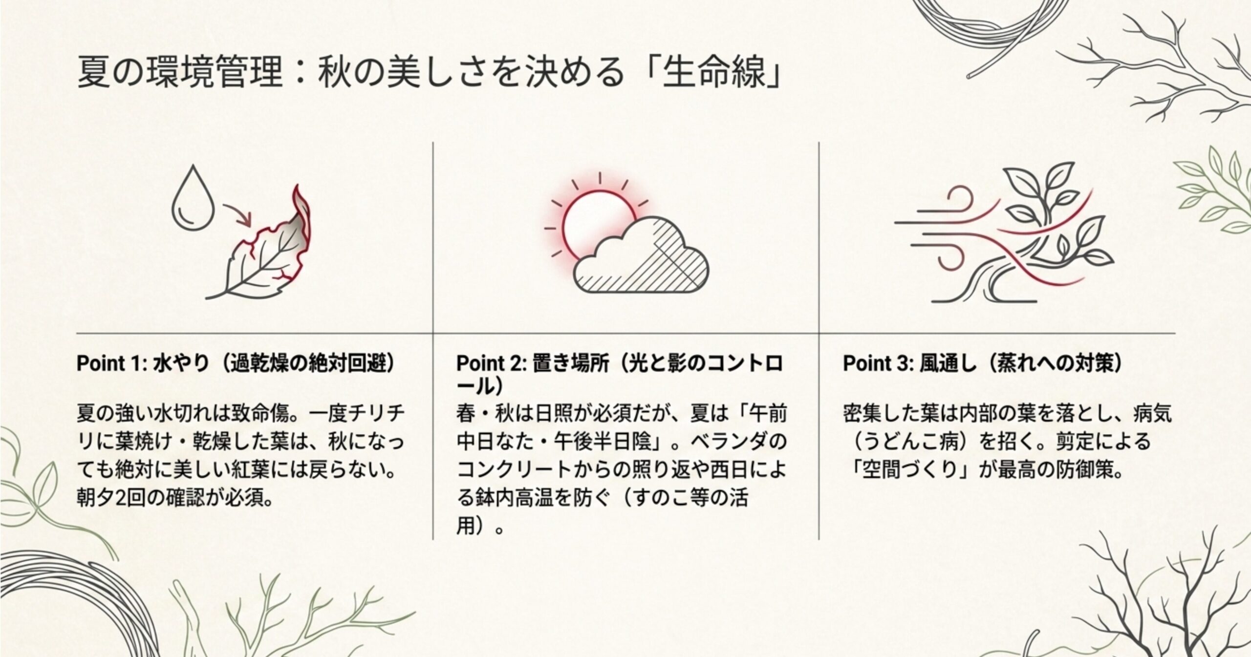 秋の紅葉を決める夏の環境管理の3つのポイント。過乾燥を防ぐ水やり、午前中の日照と午後の半日陰の確保、剪定による風通しの改善を図解。