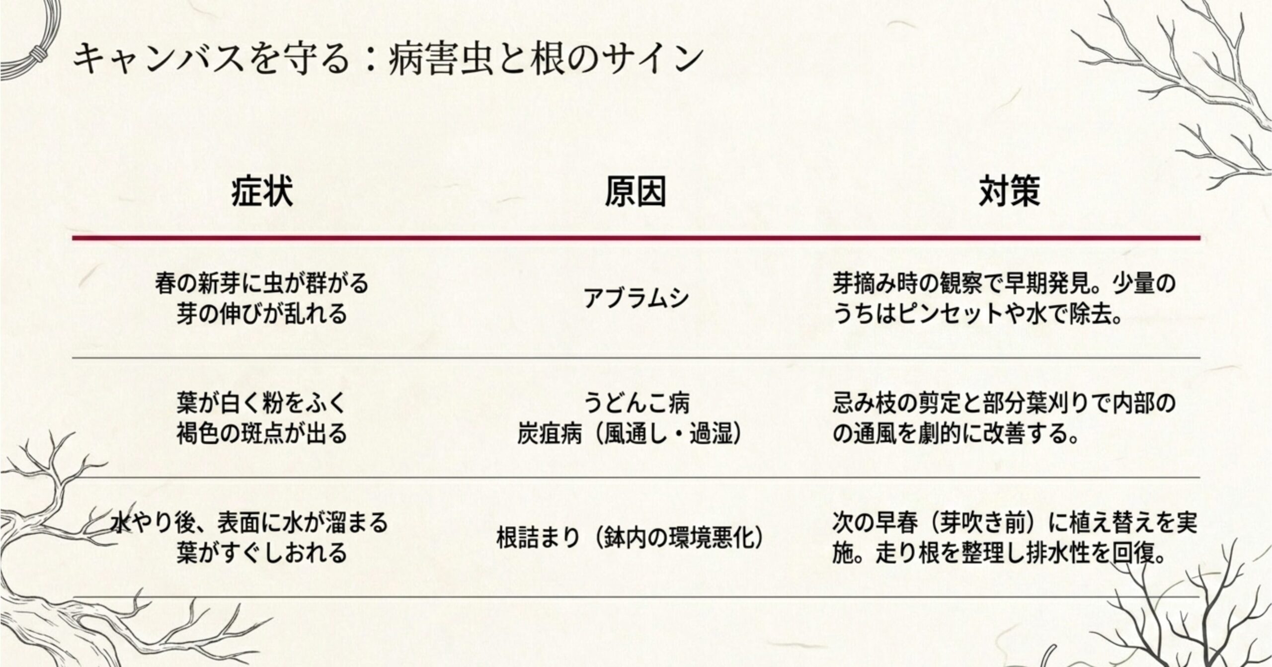 アブラムシ、うどんこ病、炭疽病、根詰まりなど、もみじ盆栽に発生しやすい病害虫や根のトラブルの症状と対策をまとめた表。