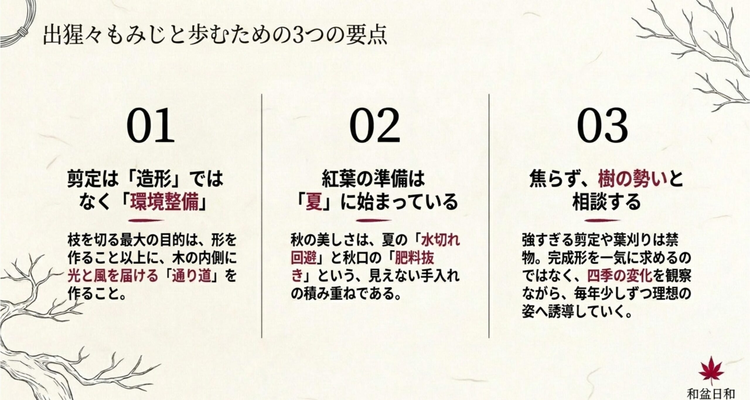出猩々もみじ盆栽を育てる3つの要点。剪定を環境整備と捉えること、紅葉の準備は夏から始めること、樹勢に合わせて焦らず手入れをすること。