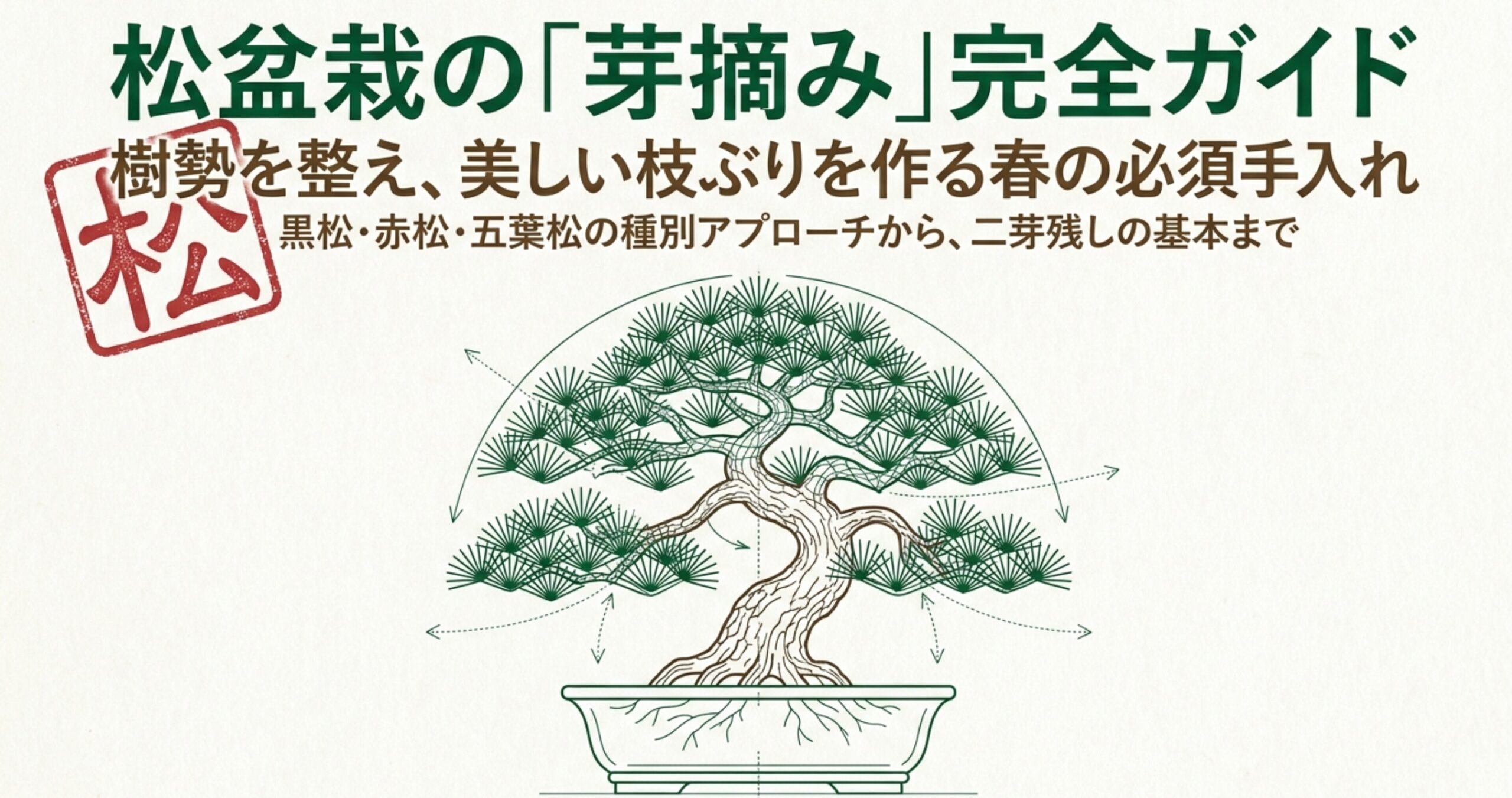 松盆栽の芽摘みや手入れの基本体系をまとめた図解スライドの表紙