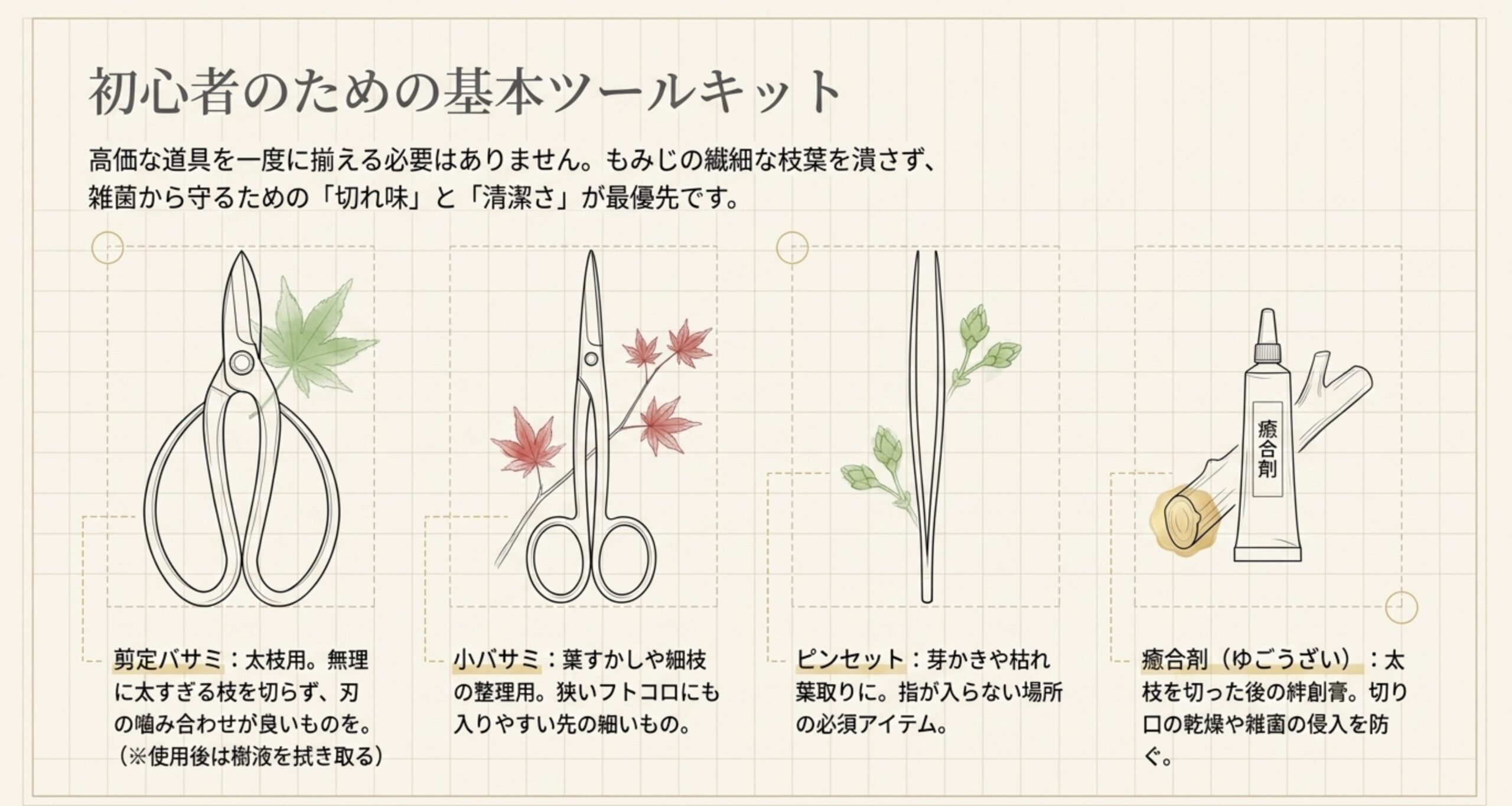 盆栽のお手入れに使う基本道具のイラスト。太枝用の剪定バサミ、細枝整理用の小バサミ、芽かき用のピンセット、切り口を保護する癒合剤の4つが並んでおり、選び方と用途が添えられている。