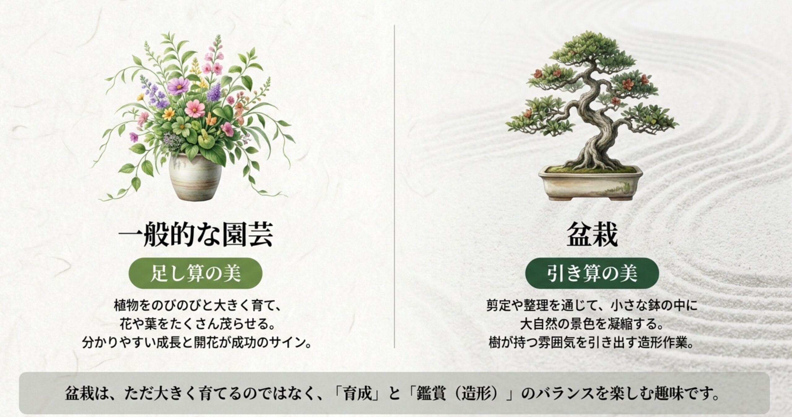 一般的な園芸（足し算の美）と盆栽（引き算の美）の違いを比較した図解。盆栽は育成と鑑賞のバランスを楽しむ趣味であることの説明。