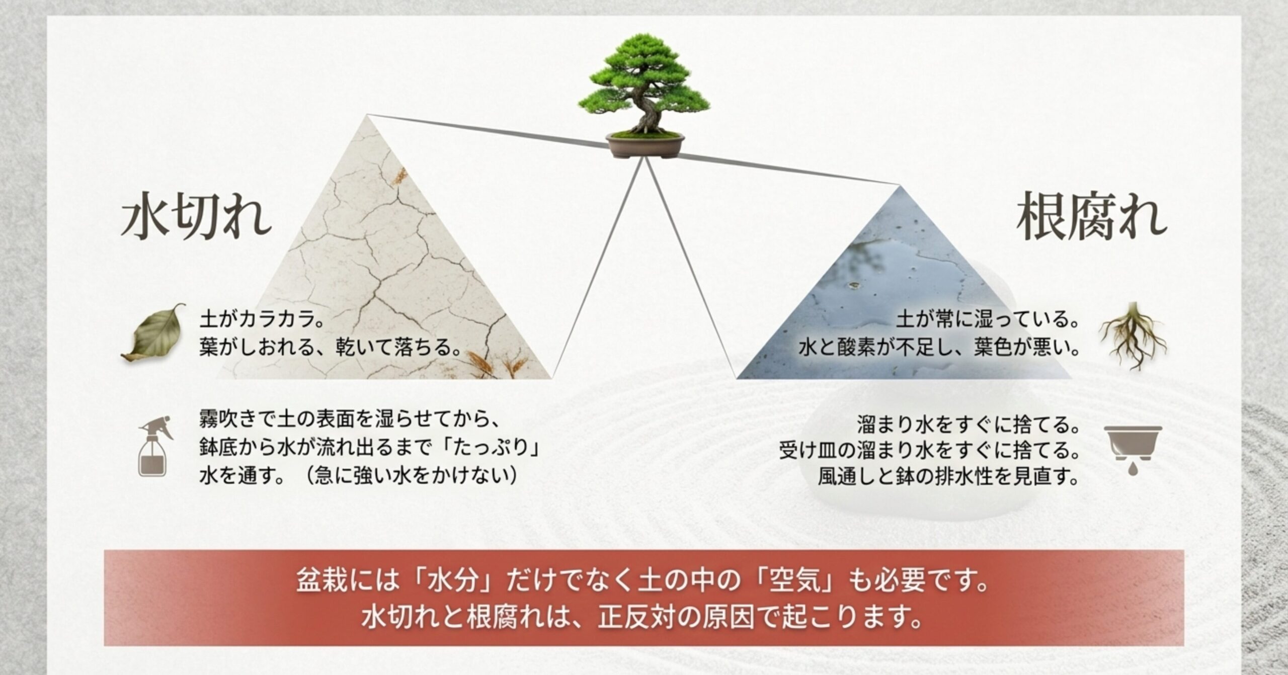 盆栽が枯れる主な原因である「水切れ」と「根腐れ」の症状と、それぞれに対する早めの対策を比較した図解。