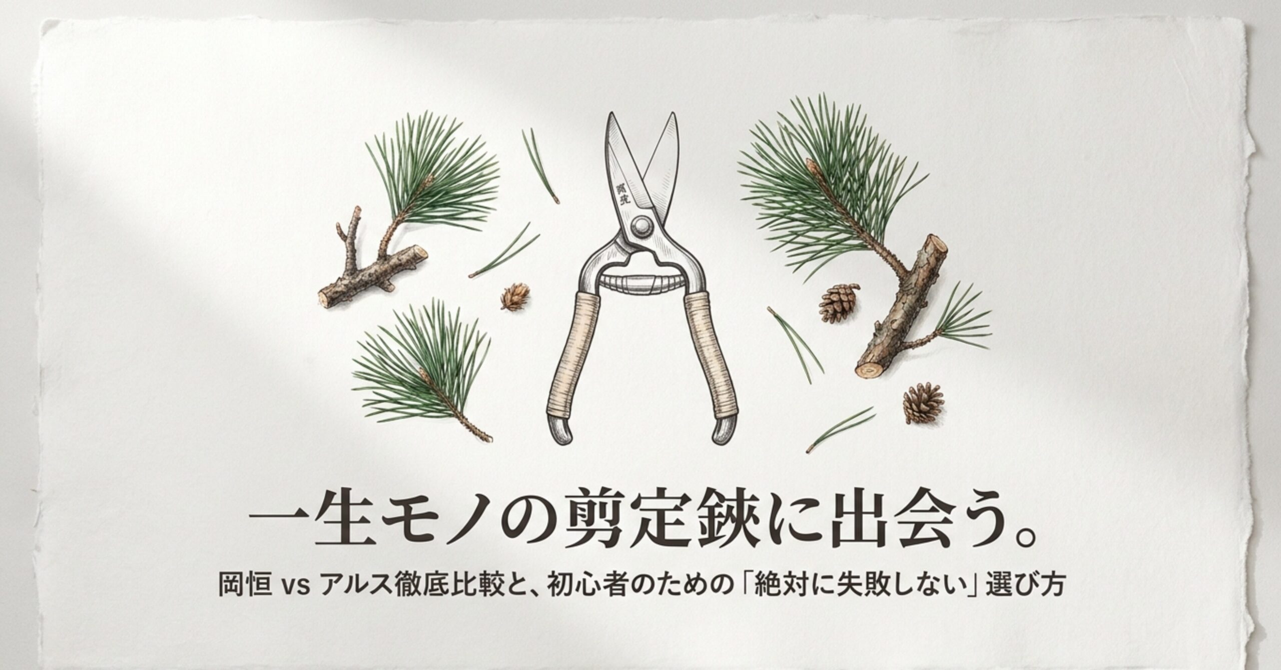 岡恒とアルスの剪定鋏の徹底比較と初心者のための選び方（松の枝と剪定鋏のイラスト）
