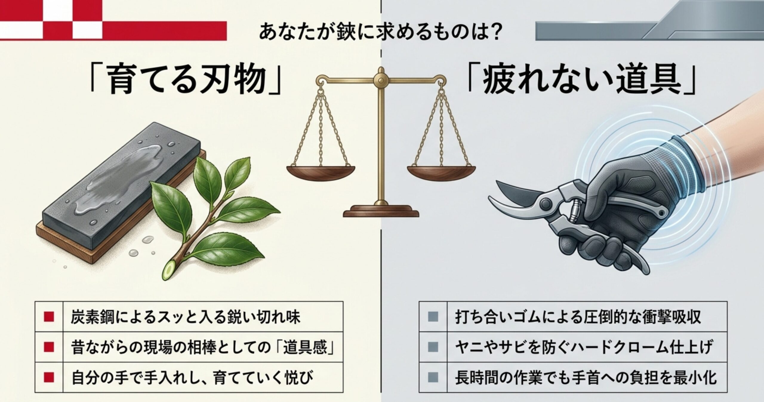 岡恒とアルスの特徴比較。岡恒は炭素鋼による切れ味と育てる悦びが特徴。アルスは打ち合いゴムやハードクローム仕上げによる疲れにくさと機能性が特徴。