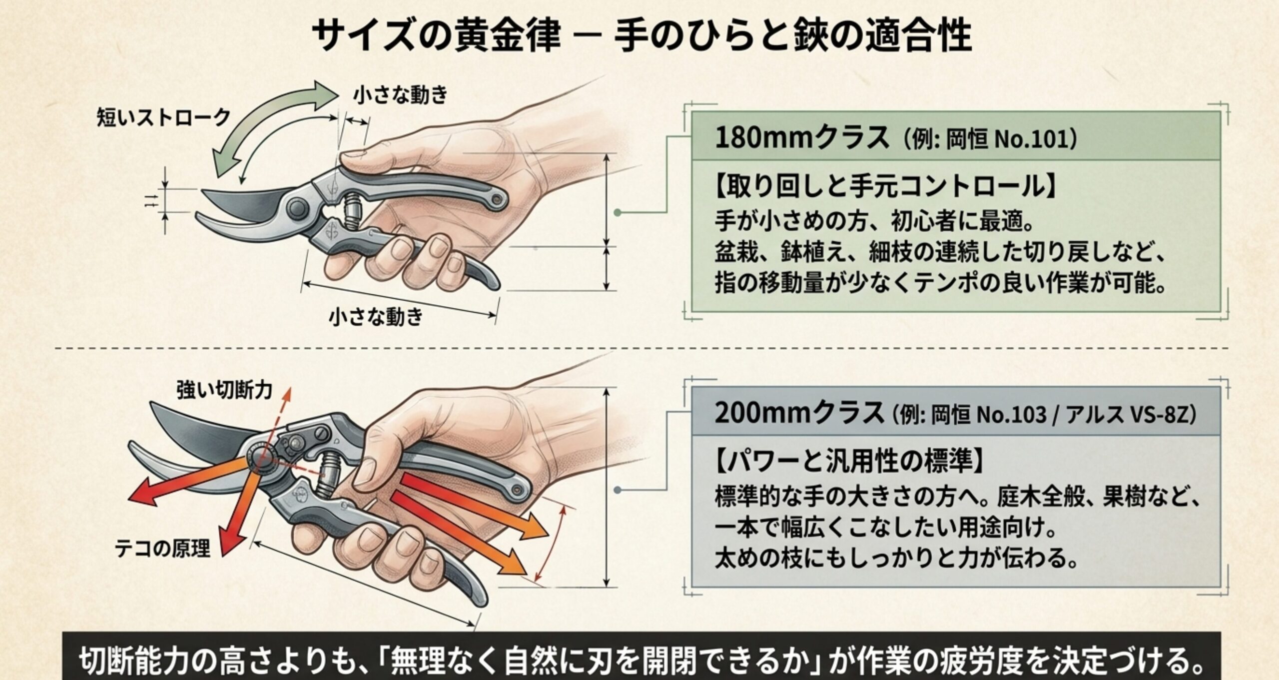 180mmと200mmの剪定鋏のサイズ比較図。180mmは小さな動きで取り回しやすく、200mmはテコの原理で強い切断力を持つ。