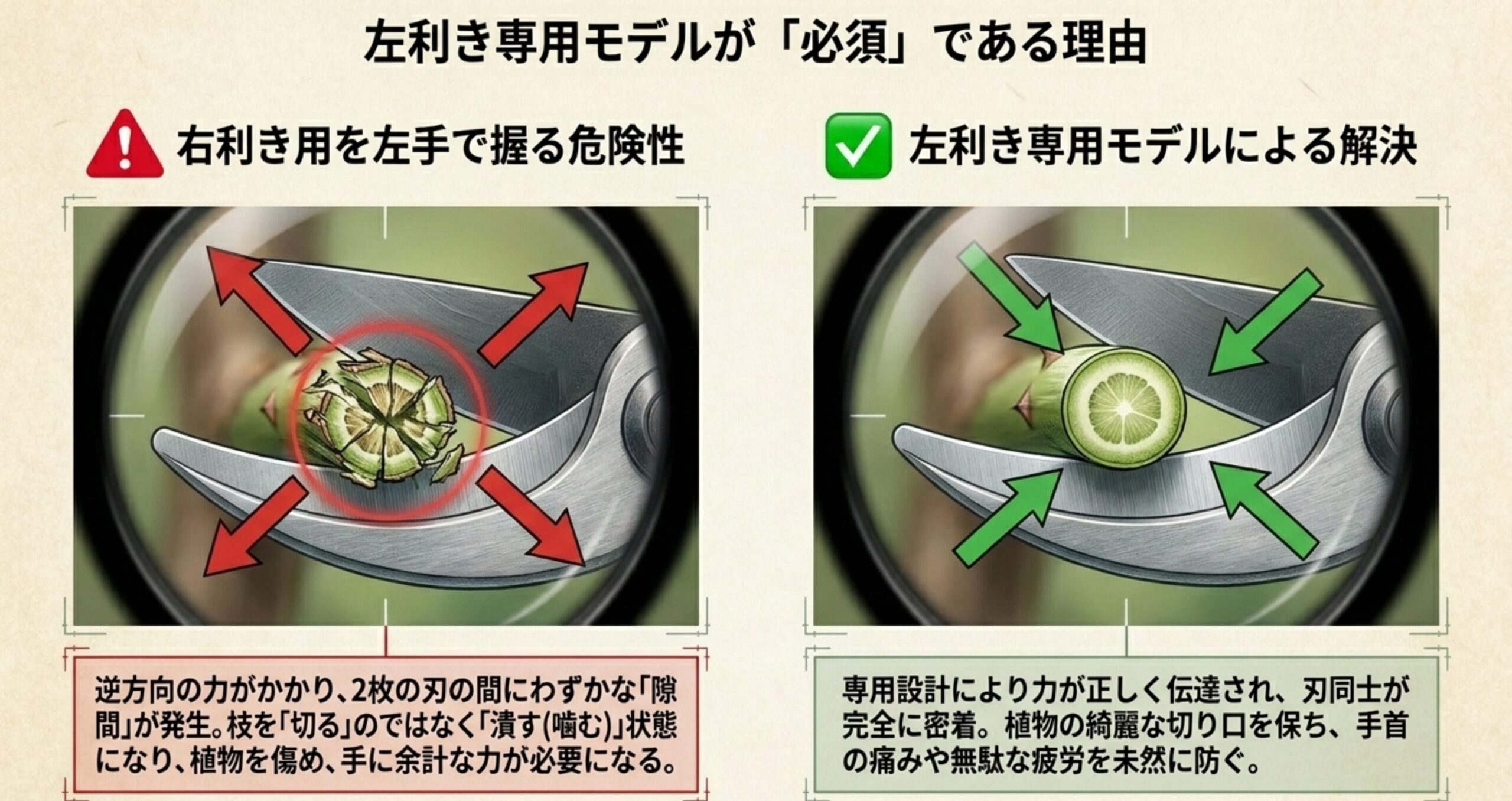 左利き専用モデルの重要性を解説した図解。右利き用を左手で握ると刃の間に隙間ができ枝を潰してしまうが、専用設計なら刃が密着し綺麗に切断できる。