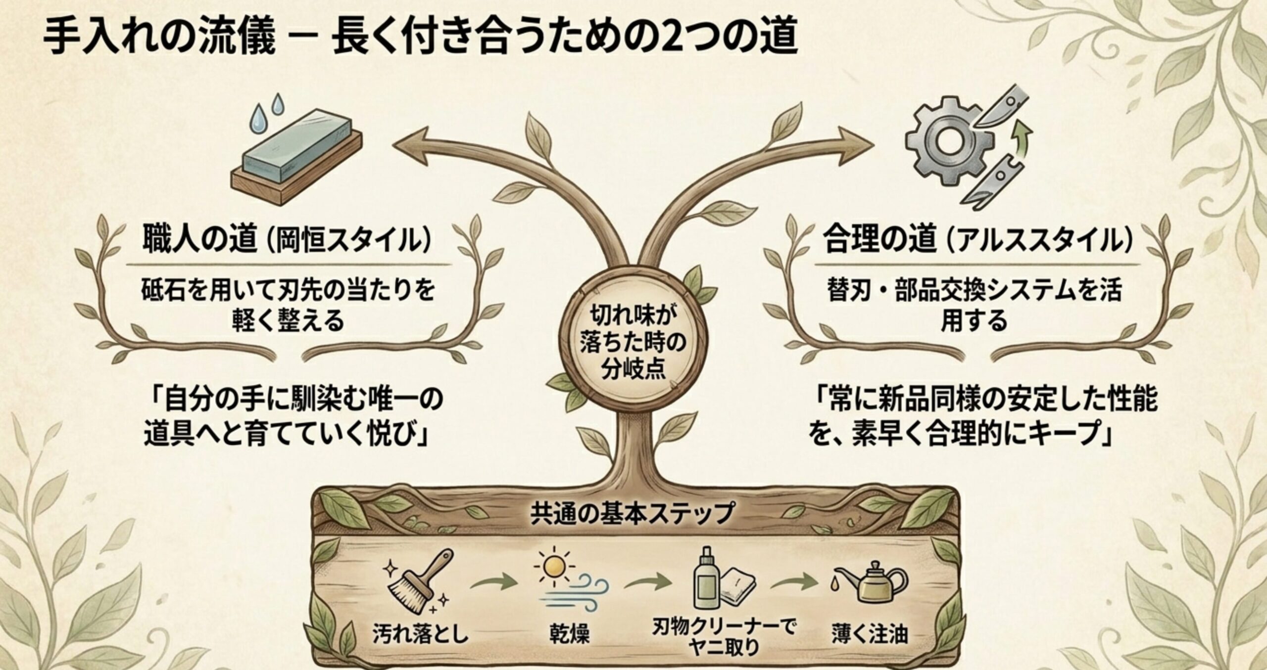 剪定鋏の2つの手入れ方法。職人の道として砥石で研ぐ岡恒スタイルと、合理の道として替刃交換するアルススタイル。共通の基本ステップは汚れ落とし、乾燥、注油。