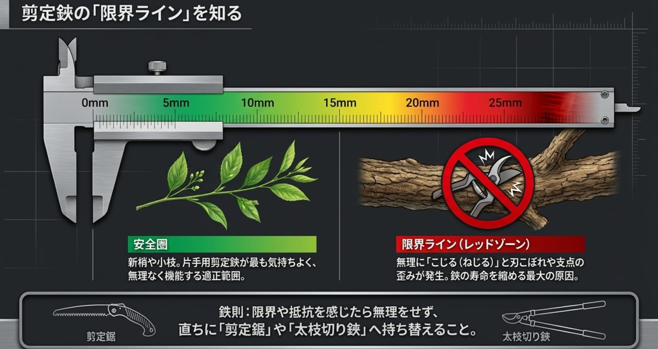 剪定鋏の限界ラインを示す図。15mmまでが安全圏で、それを超えると限界ラインとなり、剪定鋸や太枝切り鋏への持ち替えを推奨。
