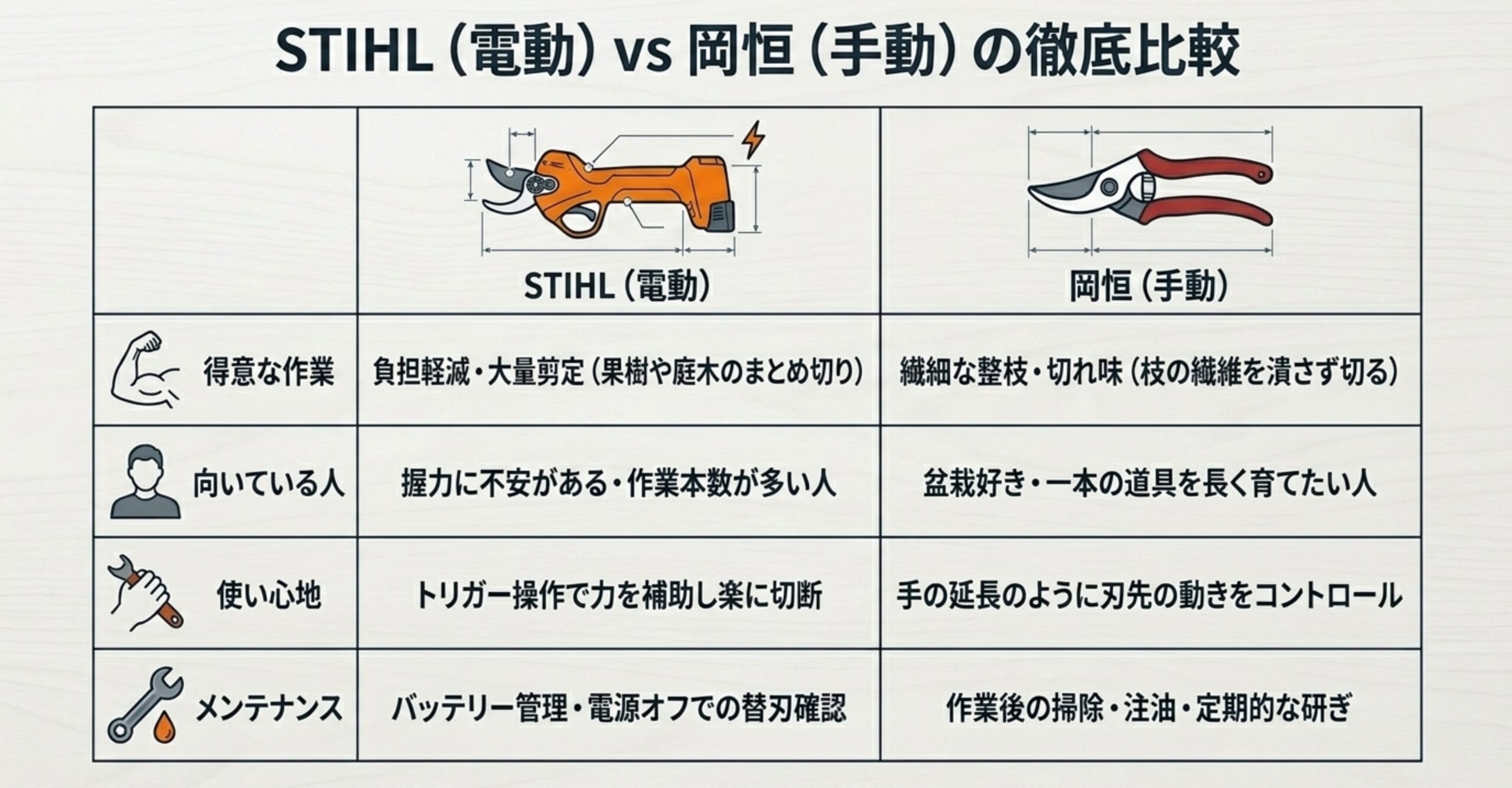 STIHL（電動）と岡恒（手動）の徹底比較。得意な作業、向いている人、使い心地、メンテナンスの違いをまとめた比較表の図解。