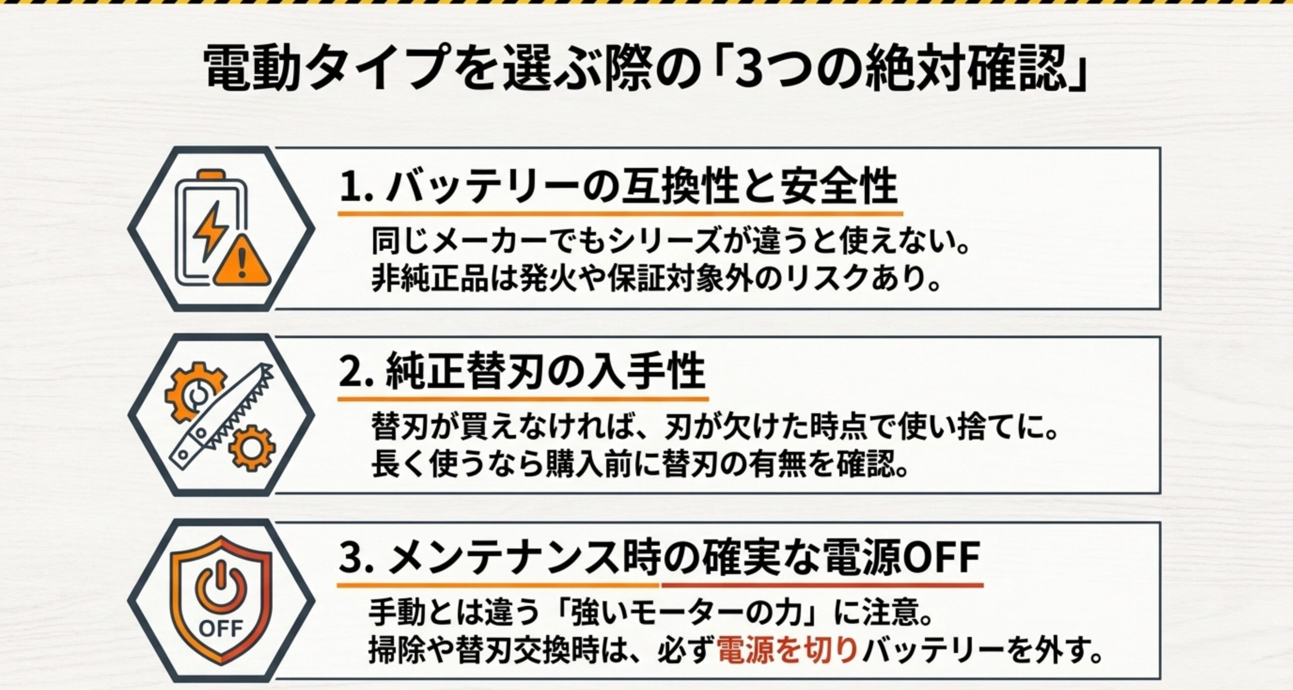 電動タイプを選ぶ際の3つの絶対確認。バッテリーの互換性と安全性、純正替刃の入手性、メンテナンス時の確実な電源OFFの重要性をまとめた図解。