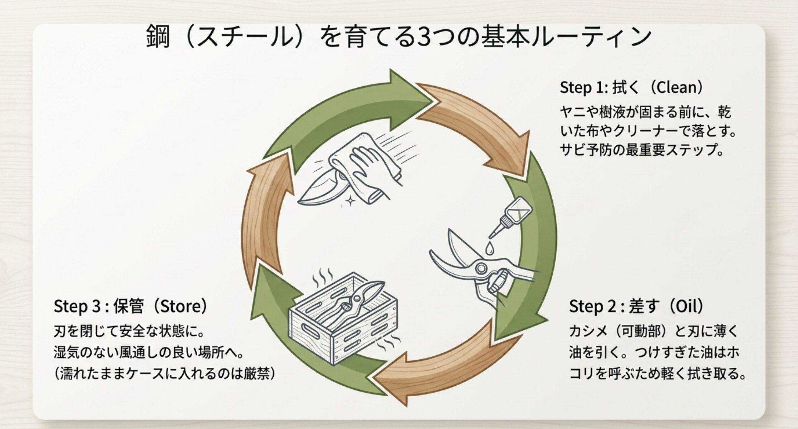 鋼（スチール）を育てる3つの基本ルーティン。ヤニを拭き取る、油を差す、湿気を避けて安全に保管するという、手入れのサイクルを図解。