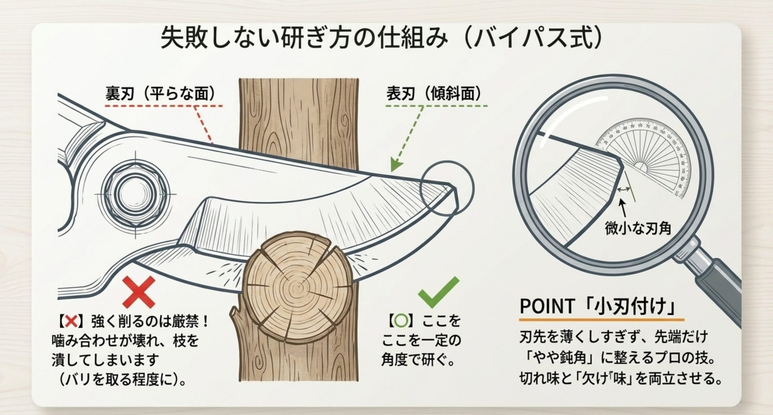 失敗しない研ぎ方の仕組み。バイパス式剪定鋏における表刃（傾斜面）の研ぐ角度と、裏刃（平らな面）を強く削ってはいけない理由、および刃先を鈍角に整える「小刃付け」のポイントを解説した図解。