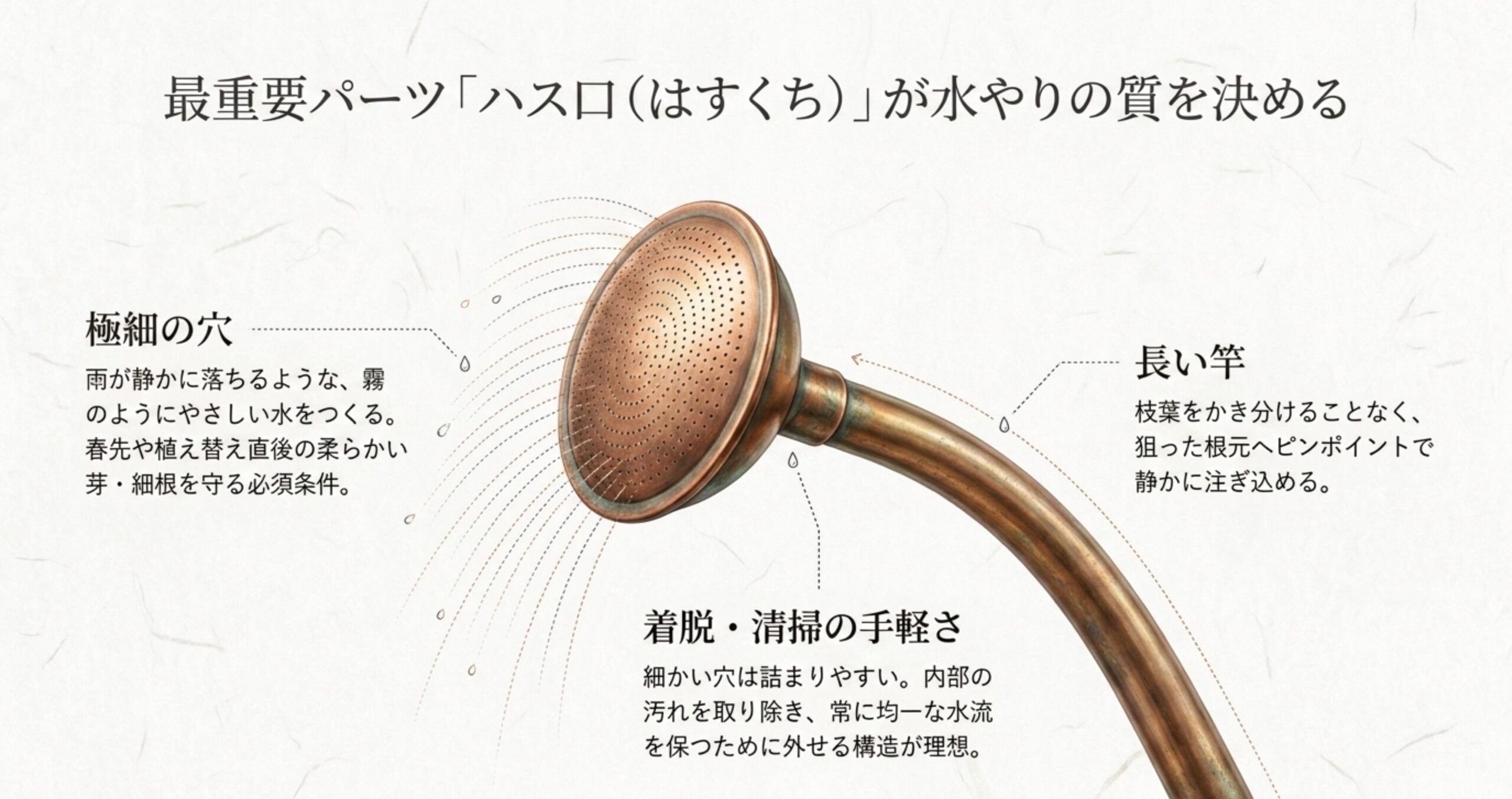 ハス口の重要性を示す図解。極細の穴から霧のようにやさしい水が出ること、着脱・清掃の手軽さ、長い竿で狙った根元に注げることの3つのポイントを解説しています。