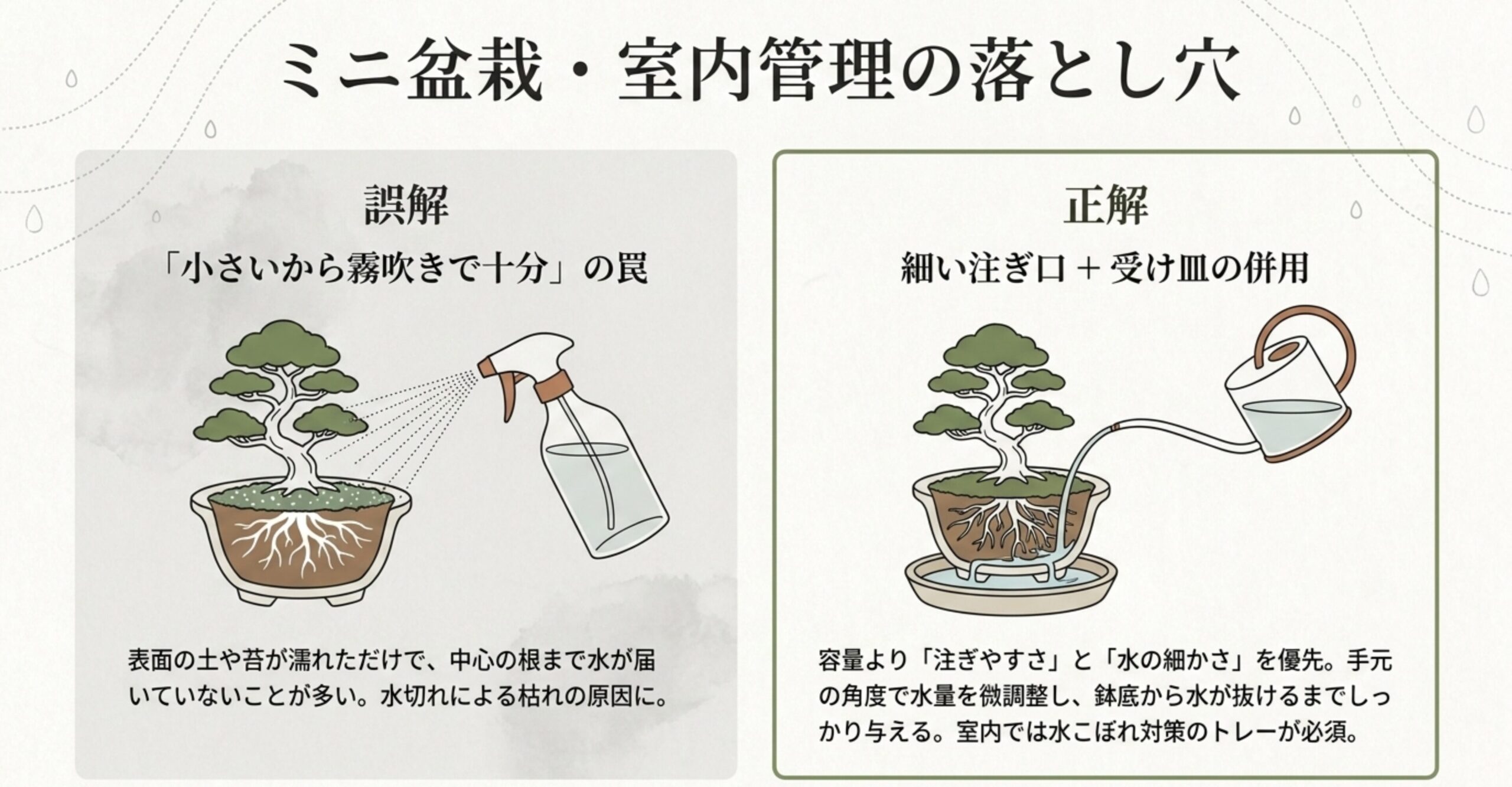 ミニ盆栽の水やりに関する図解。霧吹きでは表面しか濡れず水切れの原因になるという誤解と、細い注ぎ口と受け皿を併用し、鉢底から水が抜けるまでしっかり与えるのが正解であることを示しています。
