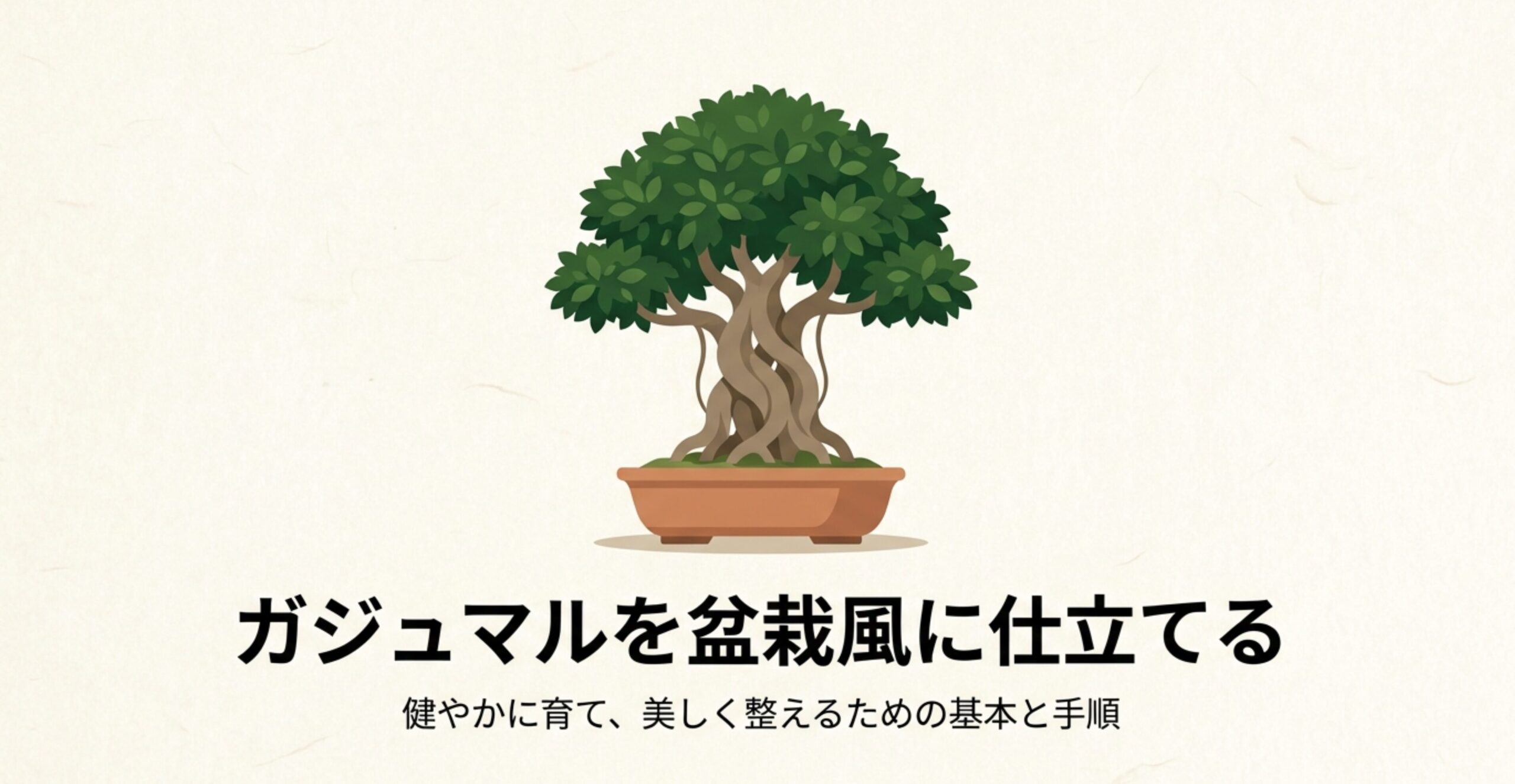 ガジュマルを健やかに育て、美しく整えるための基本と手順をまとめたタイトルスライド