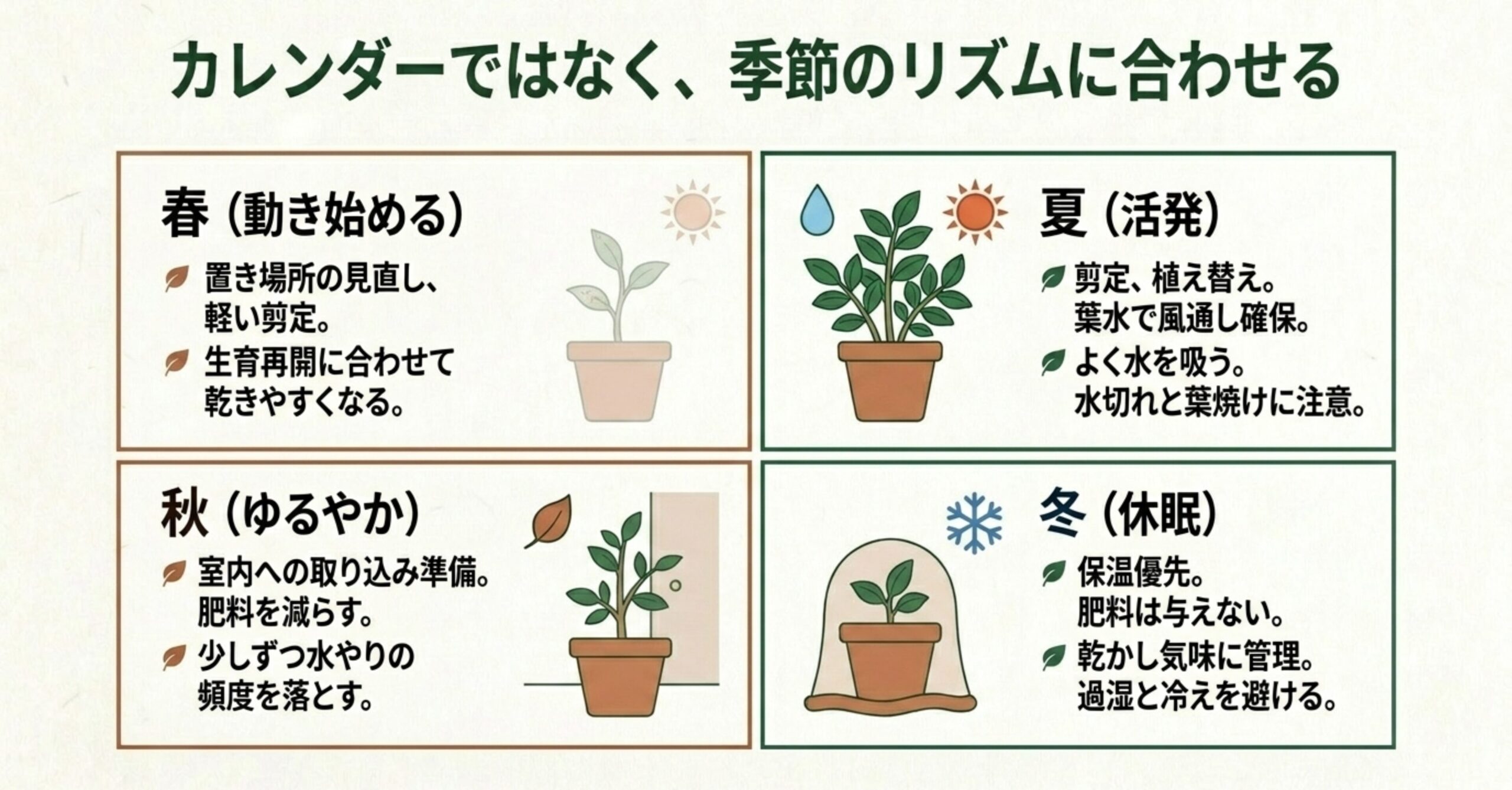 春は動き始め、夏は活発、秋はゆるやか、冬は休眠というガジュマルの季節ごとの状態と、それに合わせた置き場所・水やり・肥料の管理方法をまとめた図