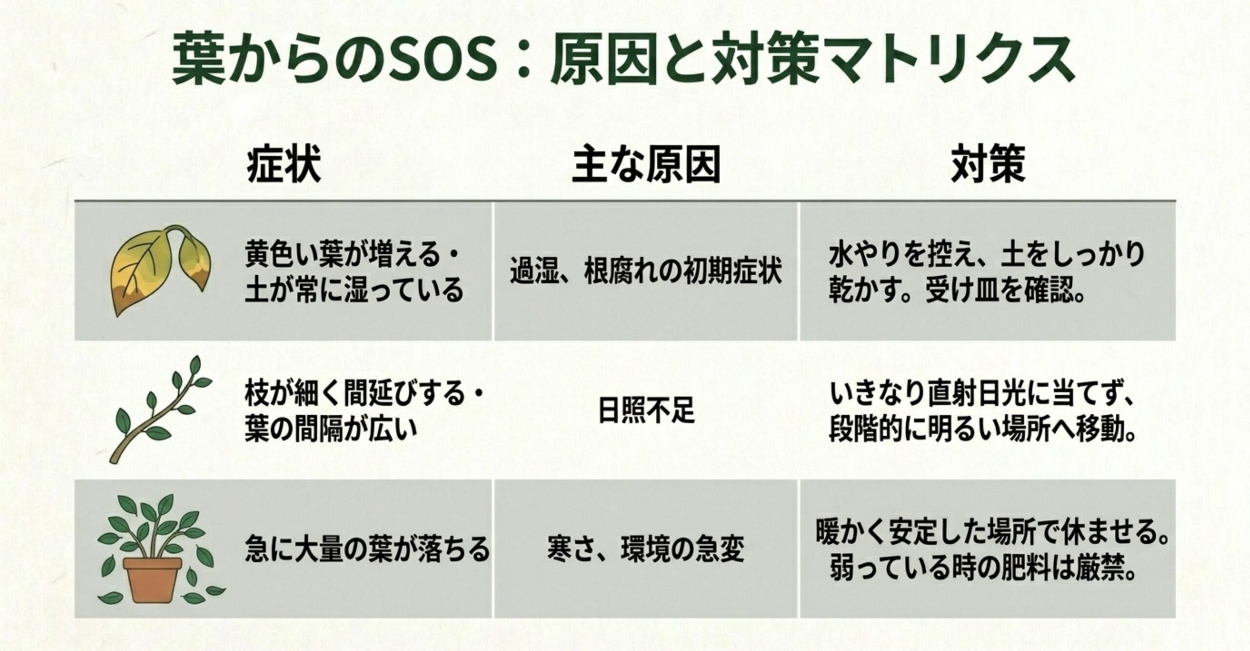 黄色い葉が増える、枝が間延びする、急に大量の葉が落ちるなどの症状に対し、過湿や日照不足などの主な原因と具体的な対策をまとめた表