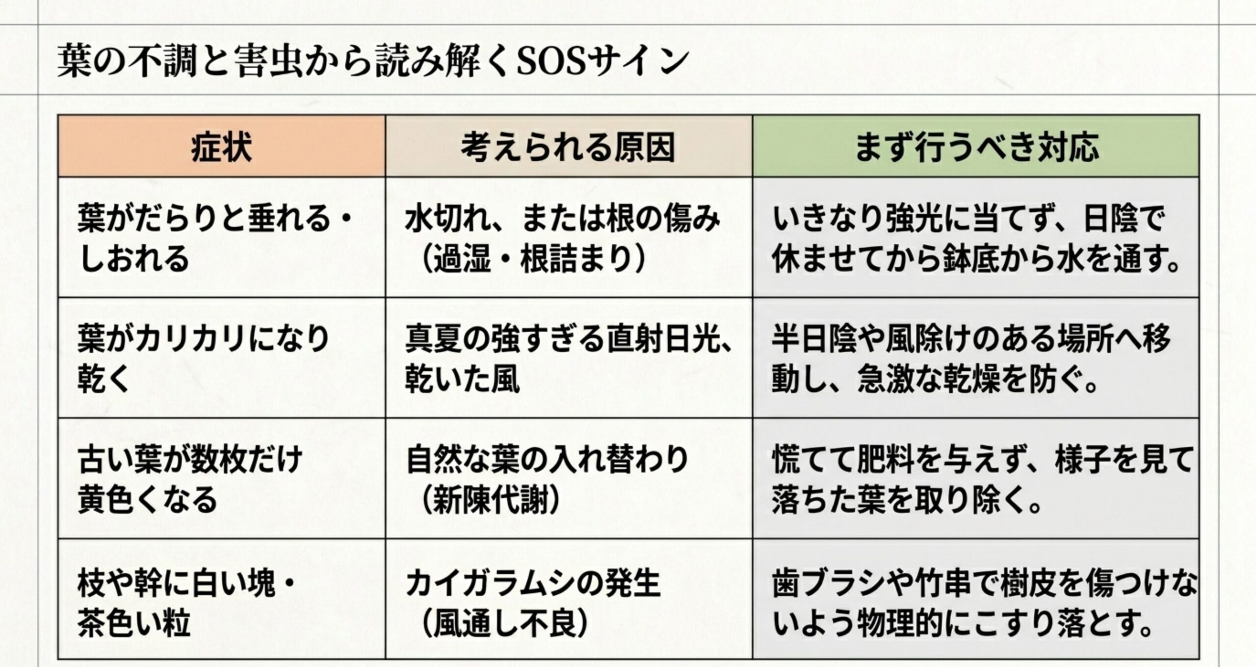 葉が垂れる、乾く、黄色くなる、白い塊がつくといった症状ごとの考えられる原因と、まず行うべき対応をまとめた表 。