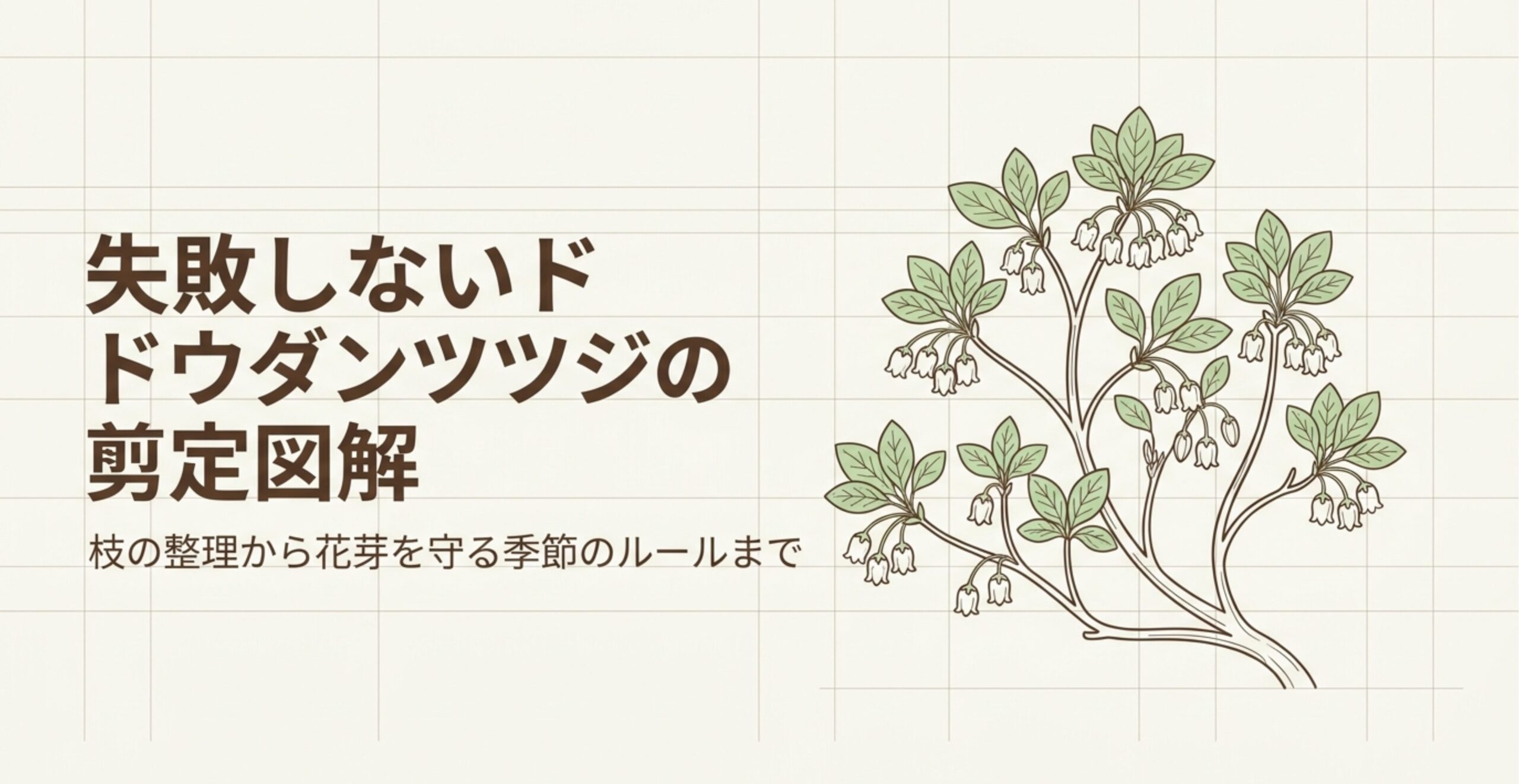 失敗しないドウダンツツジの剪定図解。枝の整理から花芽を守る季節のルールまでをまとめた表紙スライド 。