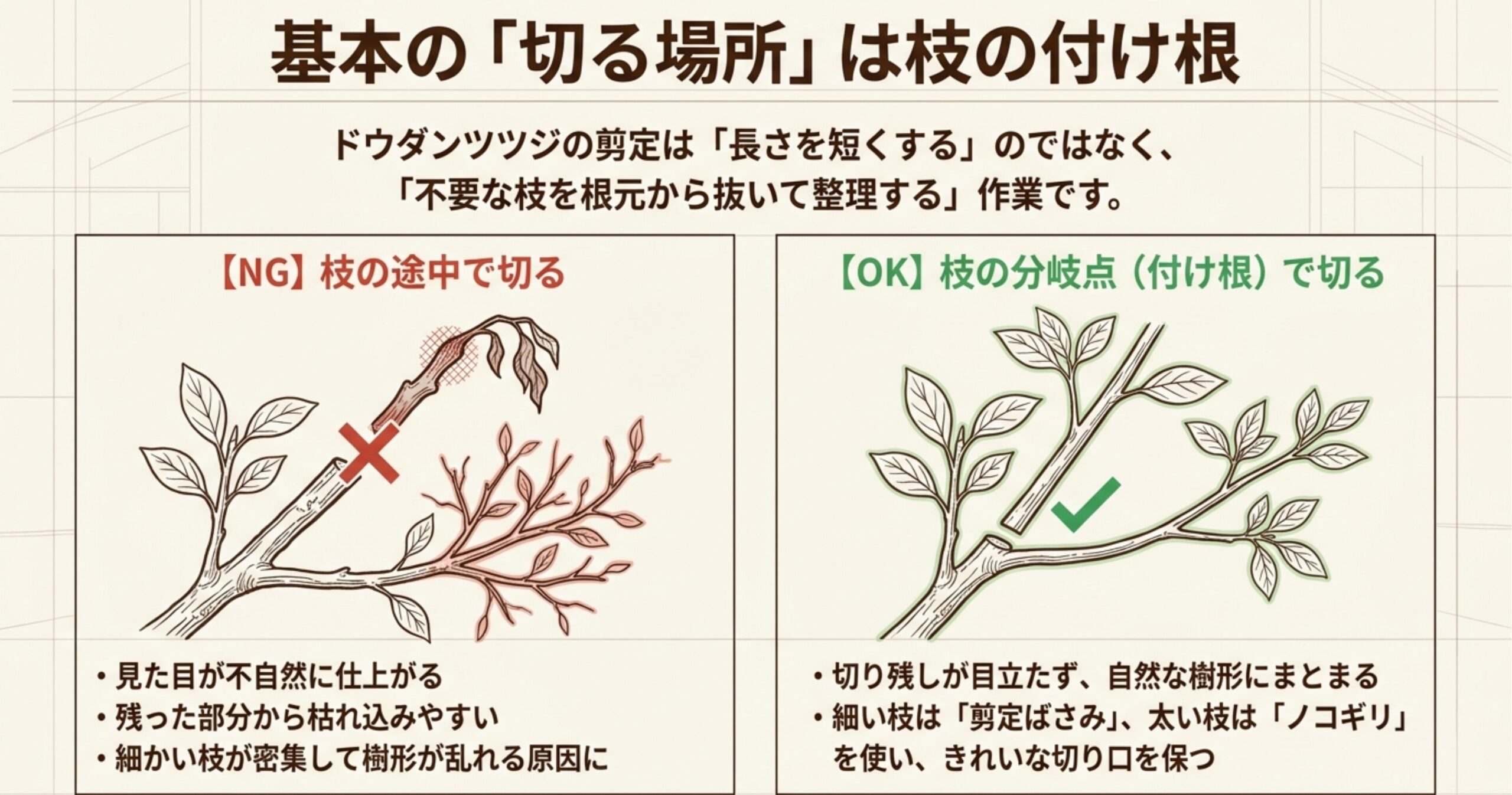 ドウダンツツジの枝の正しい切り方を示すイラスト。枝の途中で切るのはNG、枝の分岐点（付け根）で切るのが正解であることを解説 。