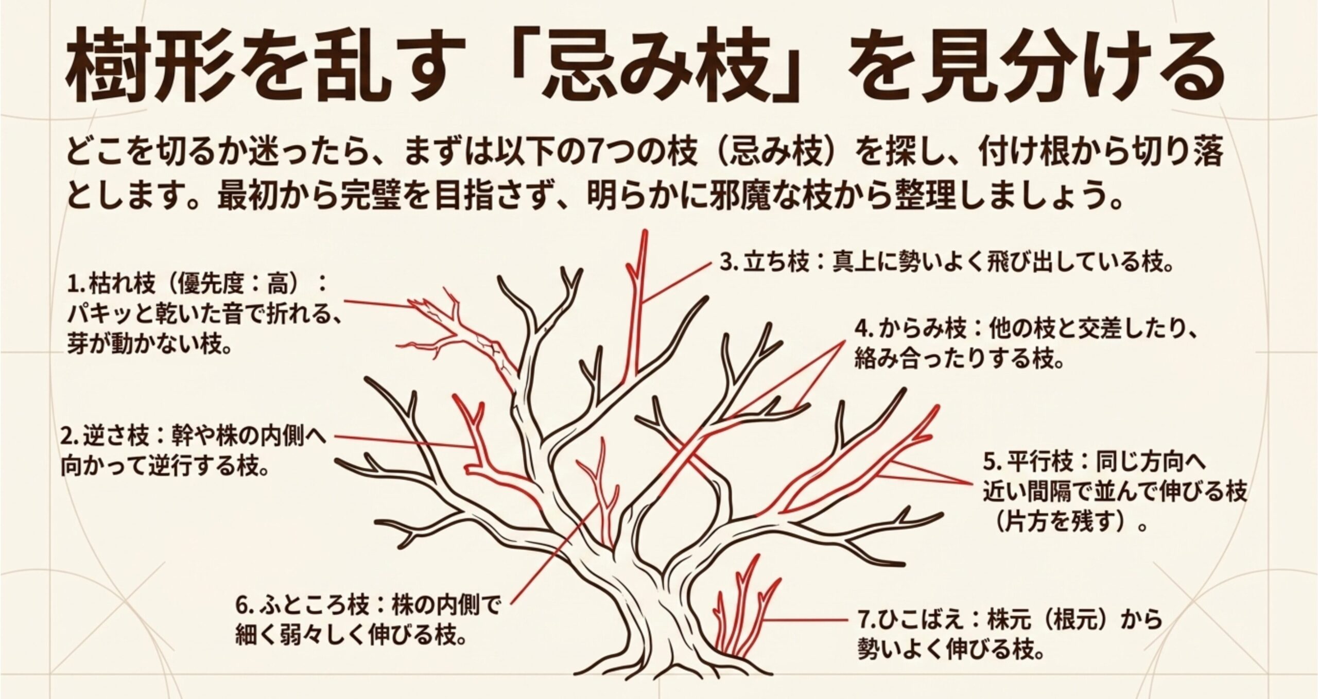 樹形を乱す7つの忌み枝（枯れ枝、逆さ枝、立ち枝、からみ枝、平行枝、ふところ枝、ひこばえ）をイラストで図解したもの 。