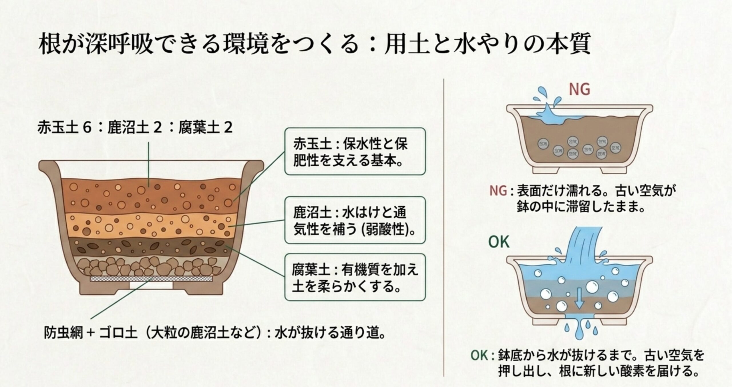 椿盆栽に適した赤玉土・鹿沼土・腐葉土の配合図と、鉢底から水が抜ける正しい水やりの解説図