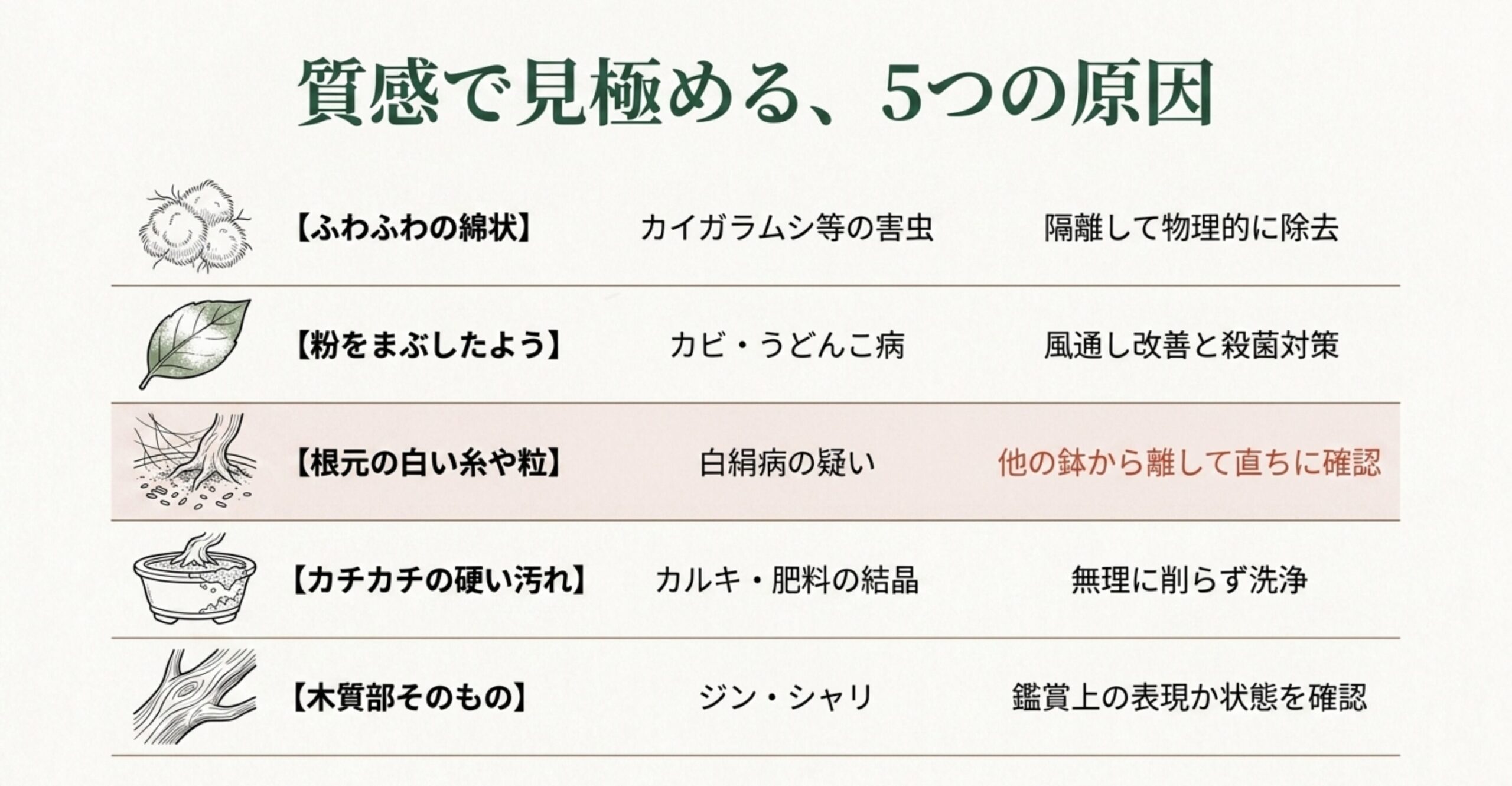 盆栽の幹の白い部分の質感（ふわふわ、粉状、糸や粒、硬い汚れ、木質部）から原因と最初の対応を見極めるための比較表。