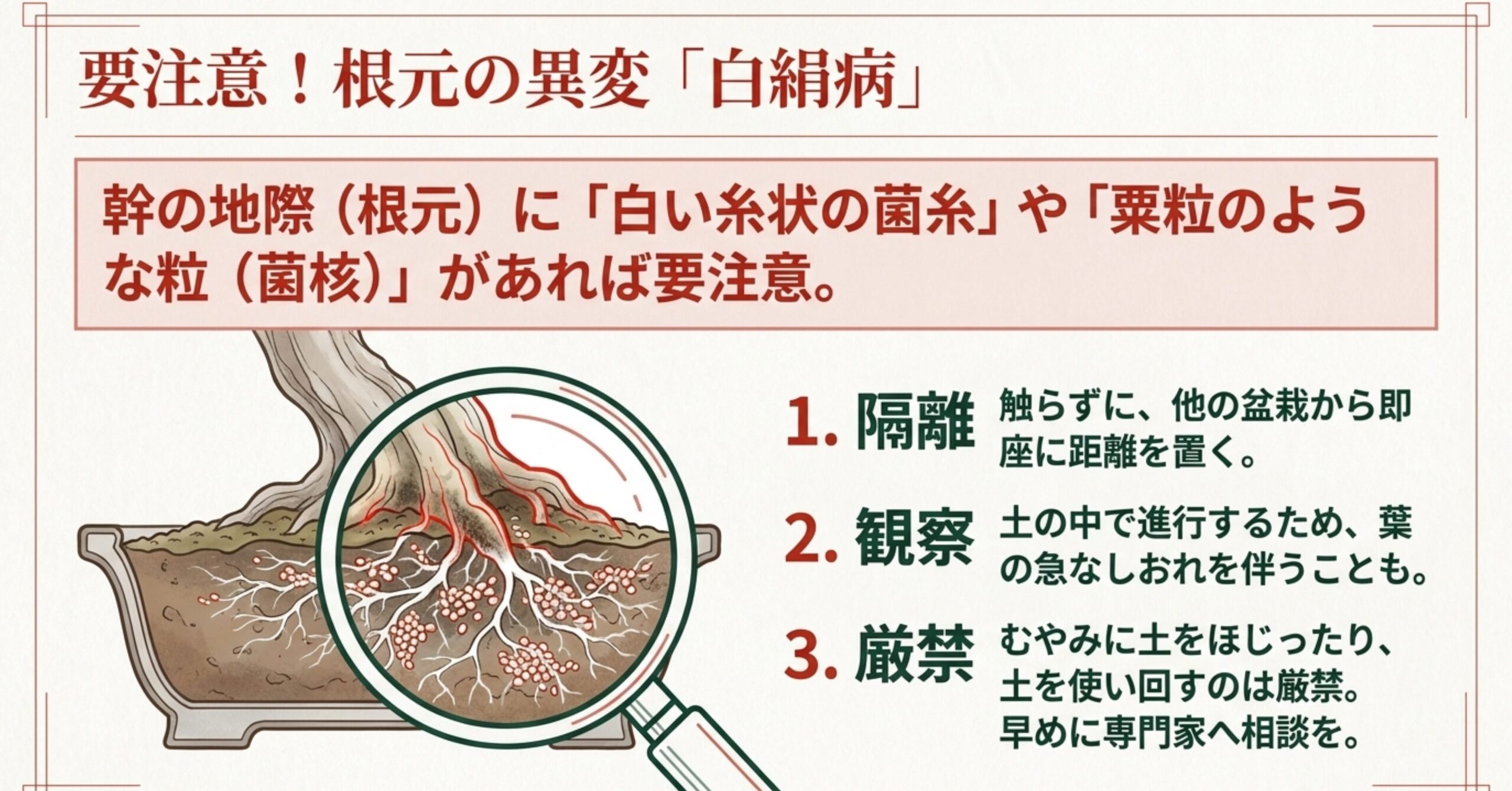 盆栽の根元に発生する白絹病の菌糸と菌核をルーペで拡大したイラスト。隔離、観察、土の使い回し厳禁という3つの注意点が書かれている。