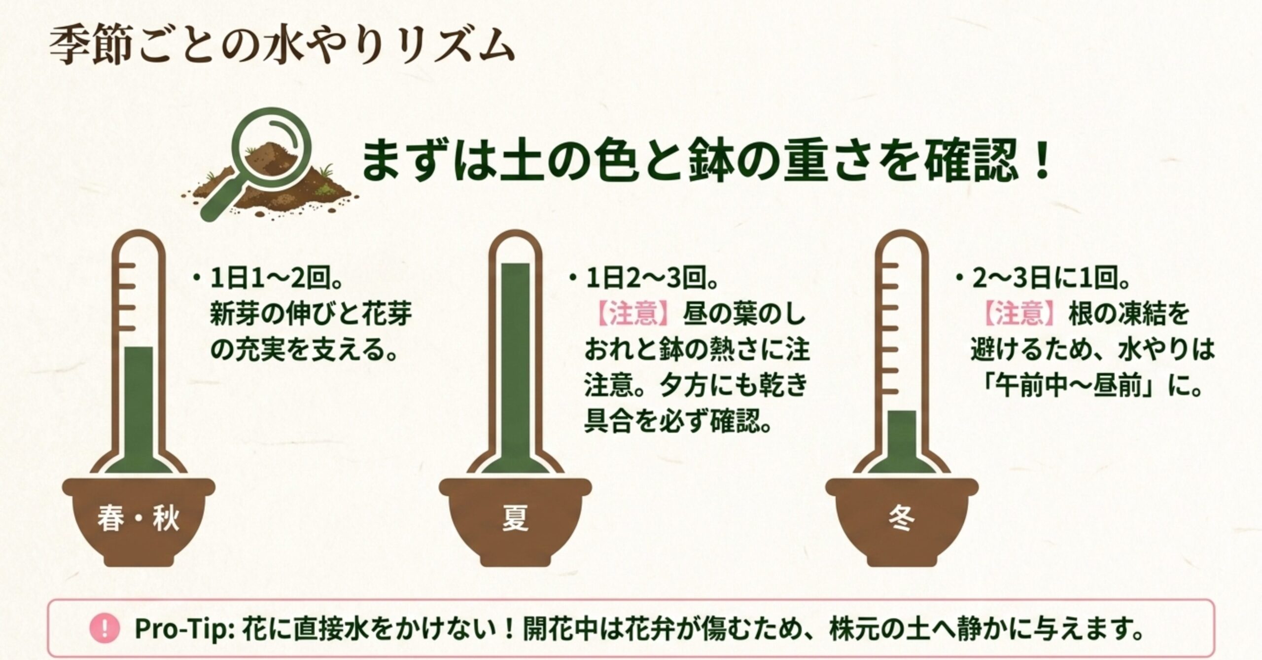 春夏秋冬それぞれの水やりの頻度と注意点、および花に直接水をかけないプロのコツをまとめたスライド 。